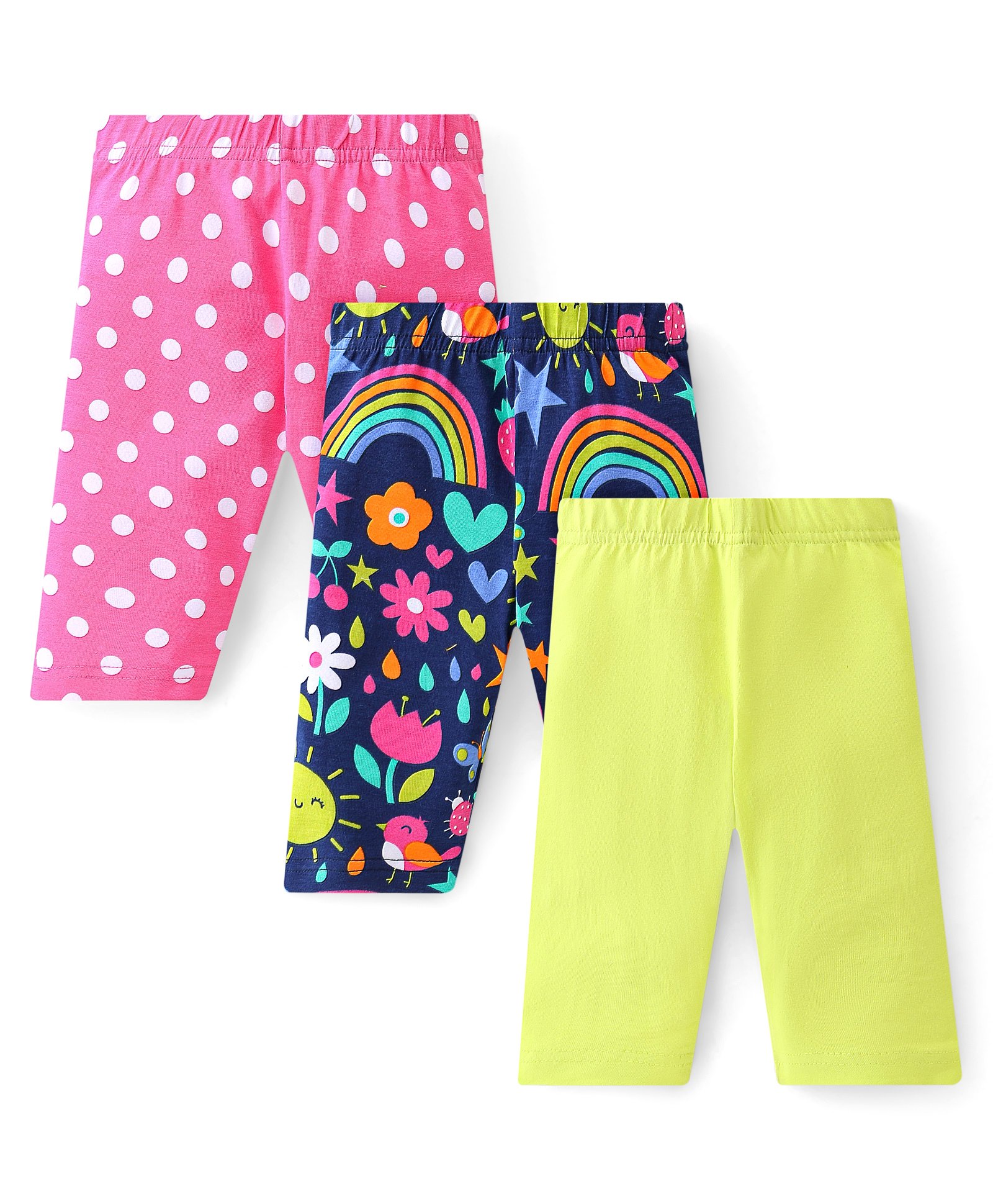 Babyhug Cotton Lycra Knit Three Fourth Legging Solid Color & Polka Dot Print Pack of 3 - Green Pink & Blue-picture-10