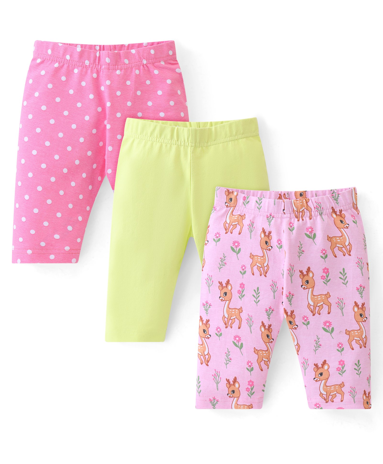 Babyhug Cotton Lycra Knit Three Fourth Legging Solid Color & Deer Print Pack of 3 - Green Pink & Peach-image-0