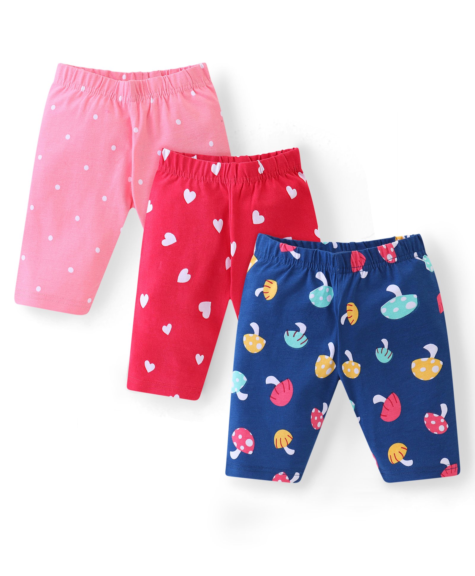 Babyhug Cotton  Lycra Knit Three Fourth Leggings with Polka Dot & Heart Print Pack of 3 - Multicolour-picture-24