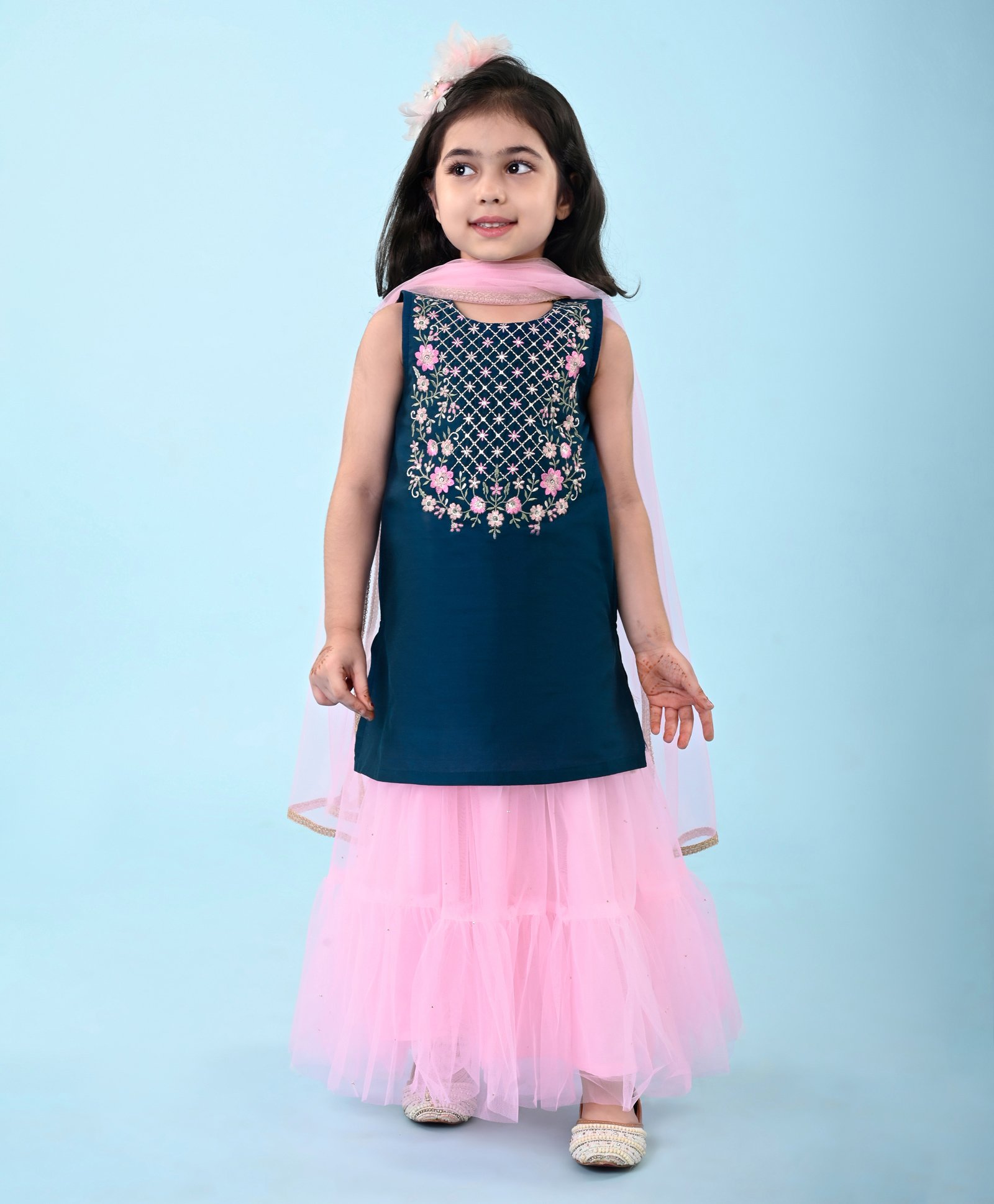 Babyhug Woven Sleeveless Floral Embroidered Kurti & Sharara Set with Dupatta - Teal & Pink-image-47