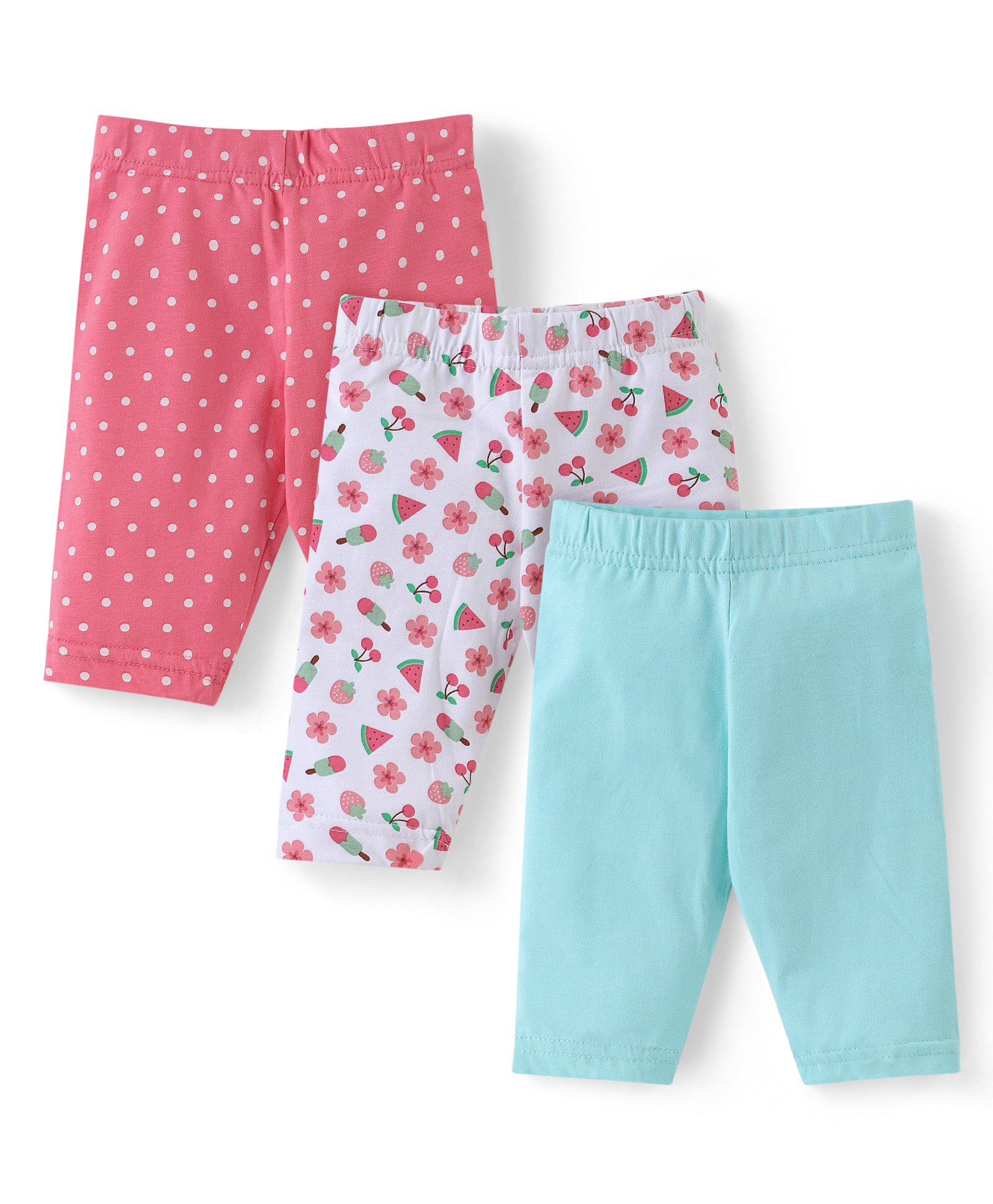 Babyhug Cotton  Lycra Three Fourth Leggings with Floral & Polka Dot Print Pack of 3 - Multicolor-image-28