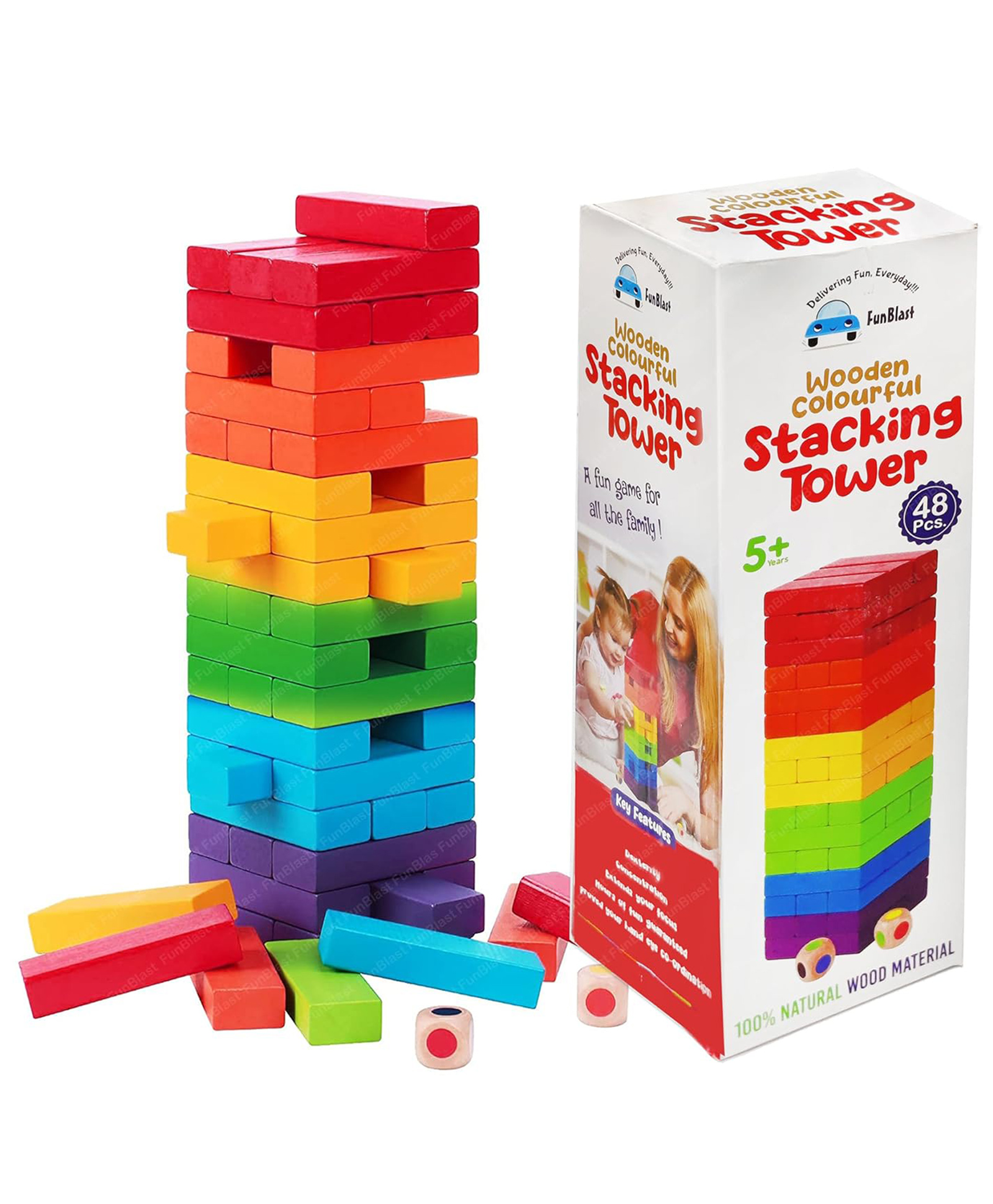 FunBlast Wooden Colorful Stacking Tower Blocks with Dices for Kids  48 Pcs Multicolor-image-20