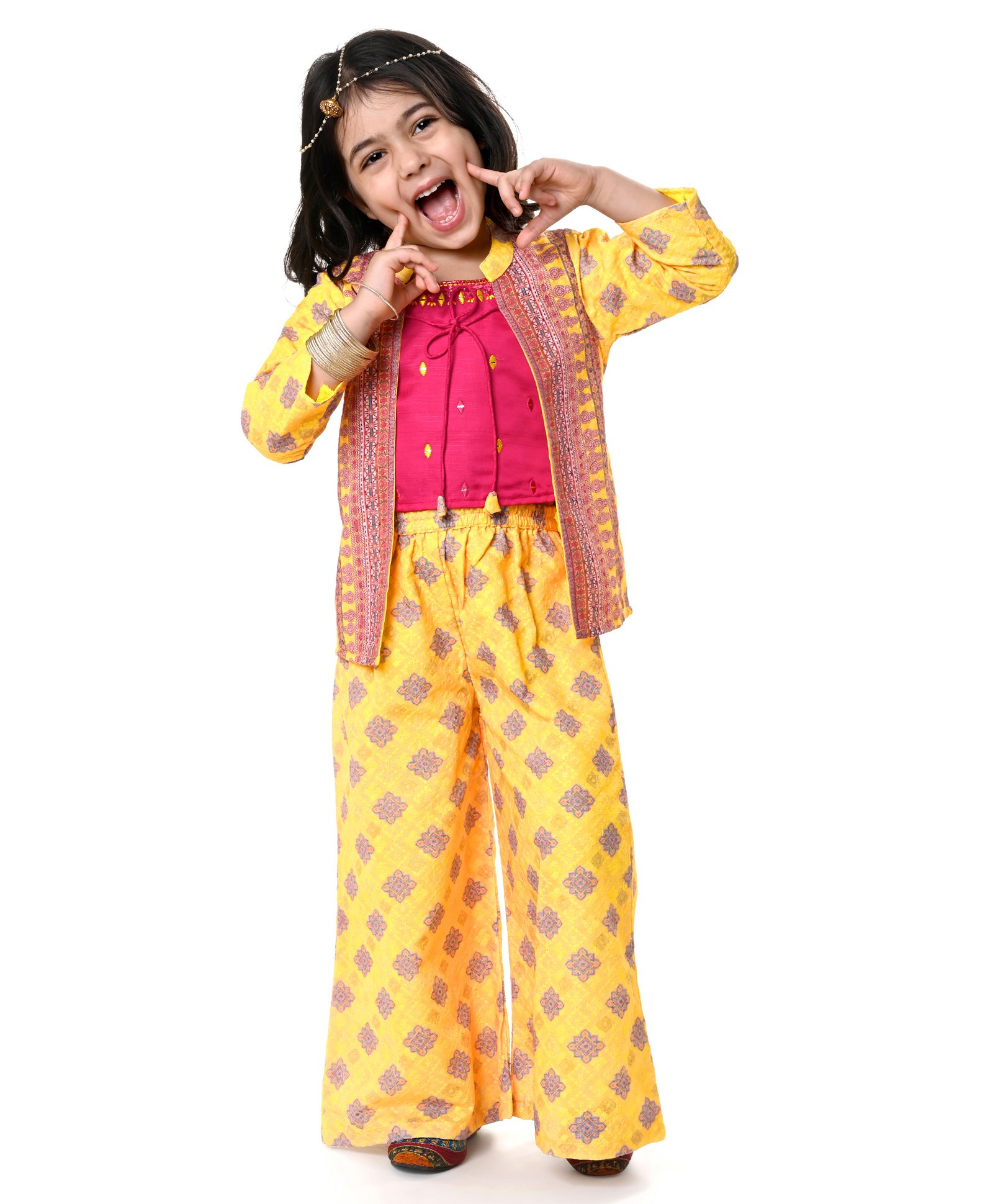 Babyhug Embellished Crop Top with Block Printed Palazzo & Three Fourth Sleeves Jacket Set - Yellow-image-3