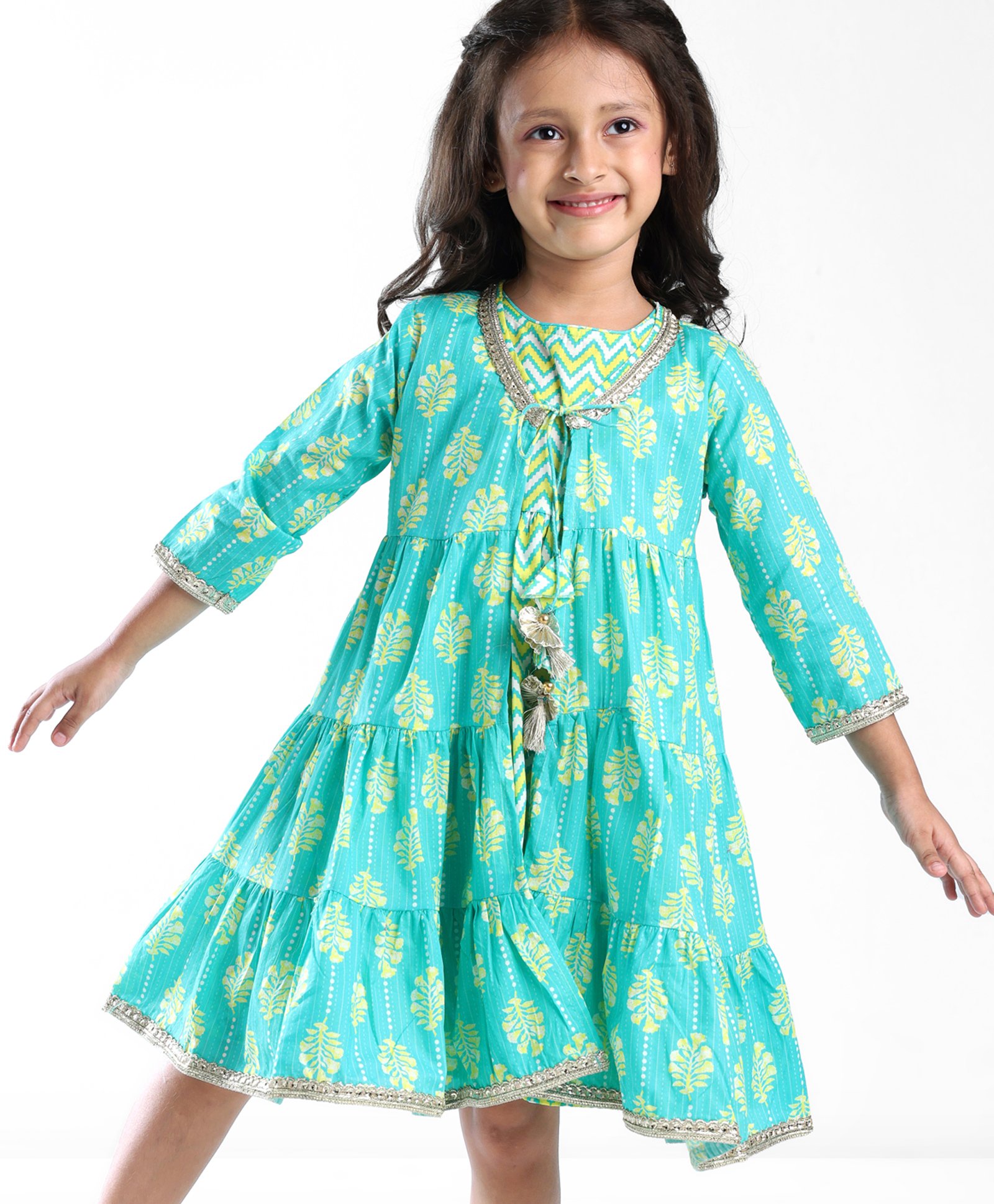 Babyhug Cotton Woven Cambric Printed Ethnic Dress with Three Fourth Sleeves Floral Printed Border Jacket - Green-image-15