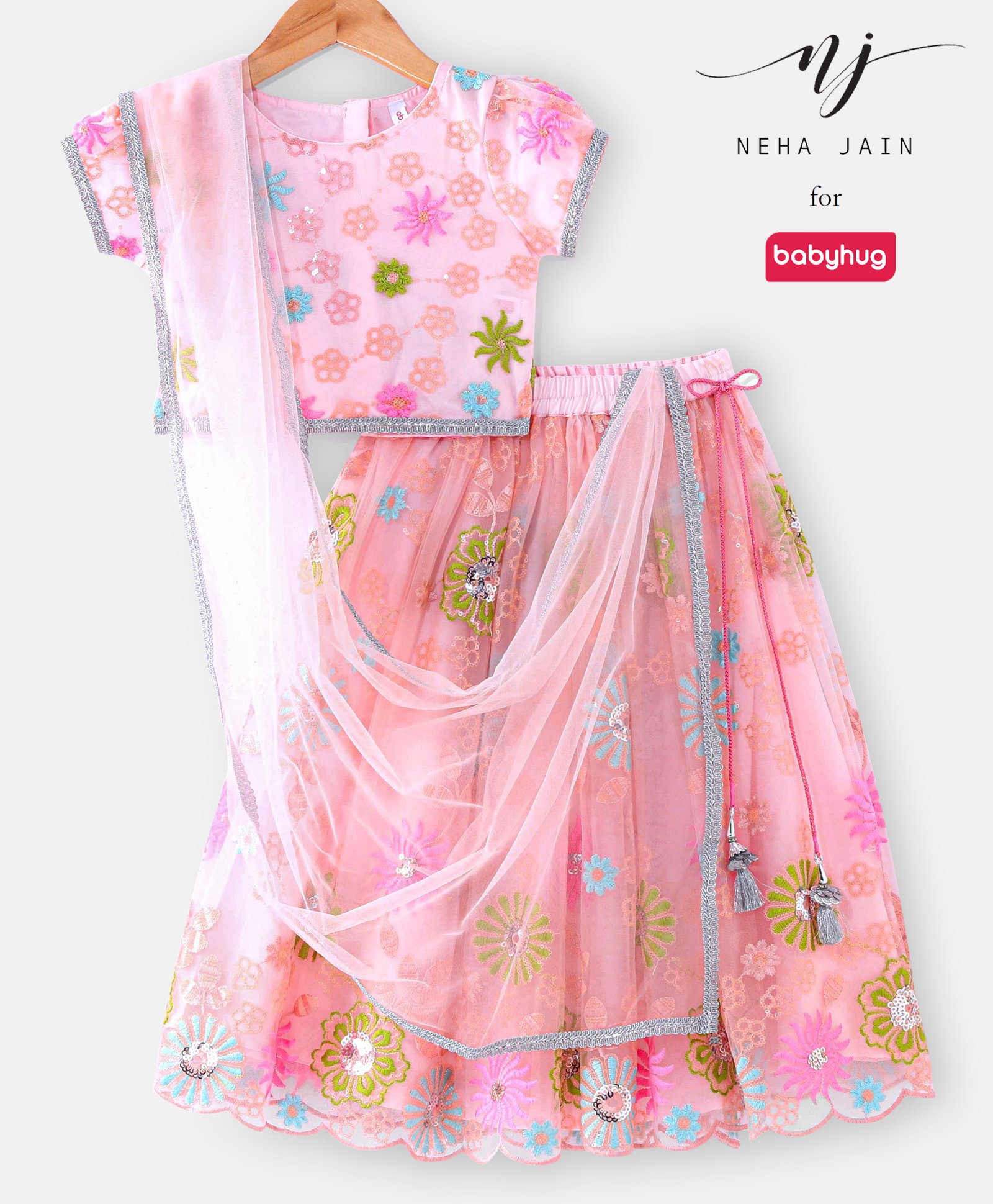 Babyhug Short Sleeves Sequence & Embroidered Lehenga Choli with Dupatta Set - Pink-image-19