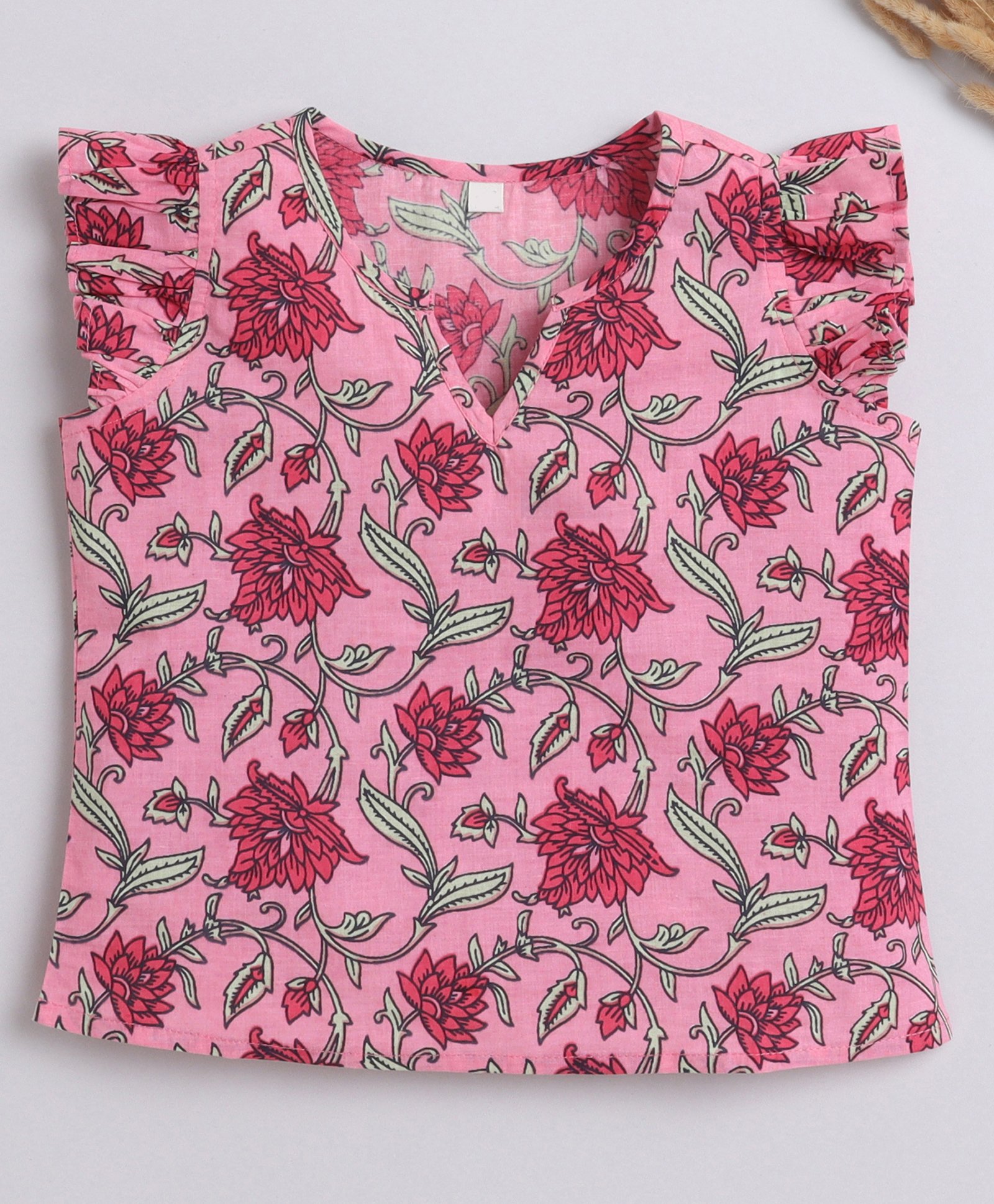 The Magic Wand Cap Frill Sleeves Floral Printed Cotton Top -      Pink-image-35
