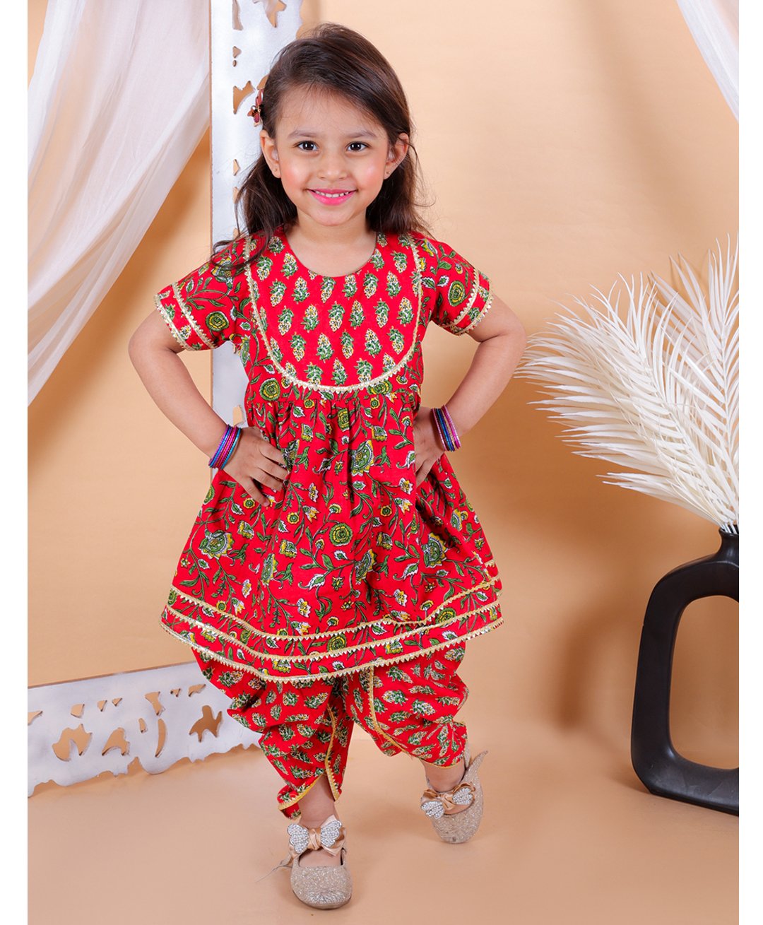 BownBee Pure Cotton Half Sleeves Floral Printed Lace Embellished Kurta & Dhoti Set - Red-image-33