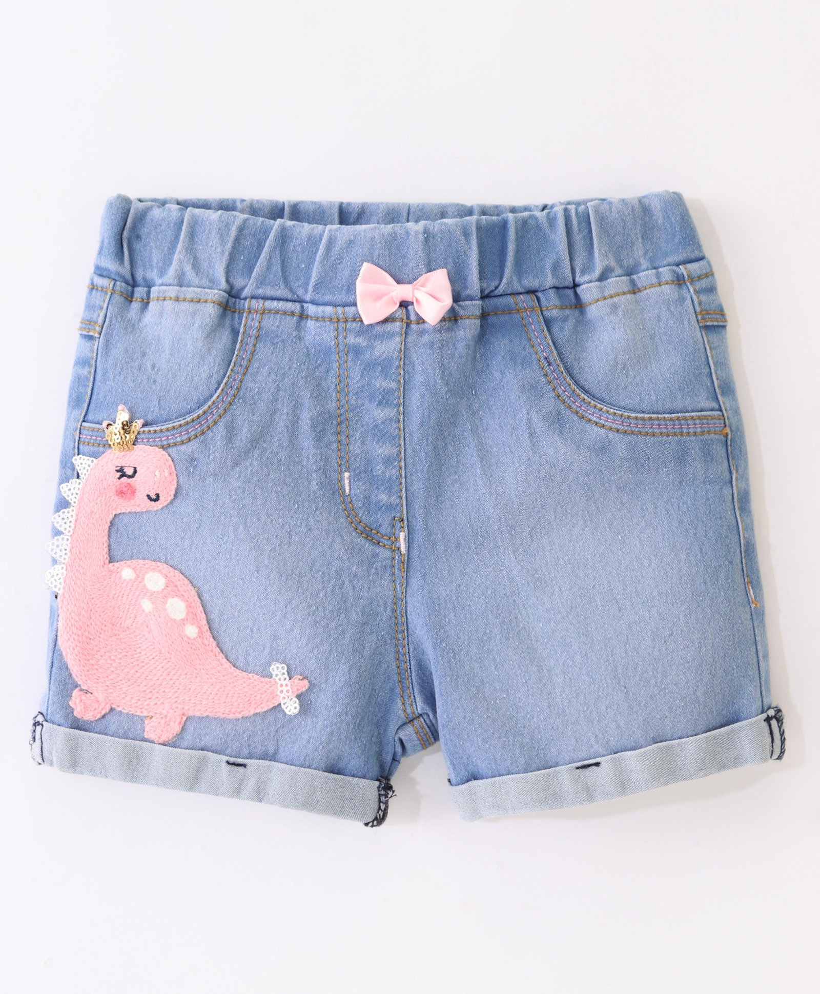 Little Kangaroos Denim Shorts with Dino & Bow Applique - Light Blue-picture-16
