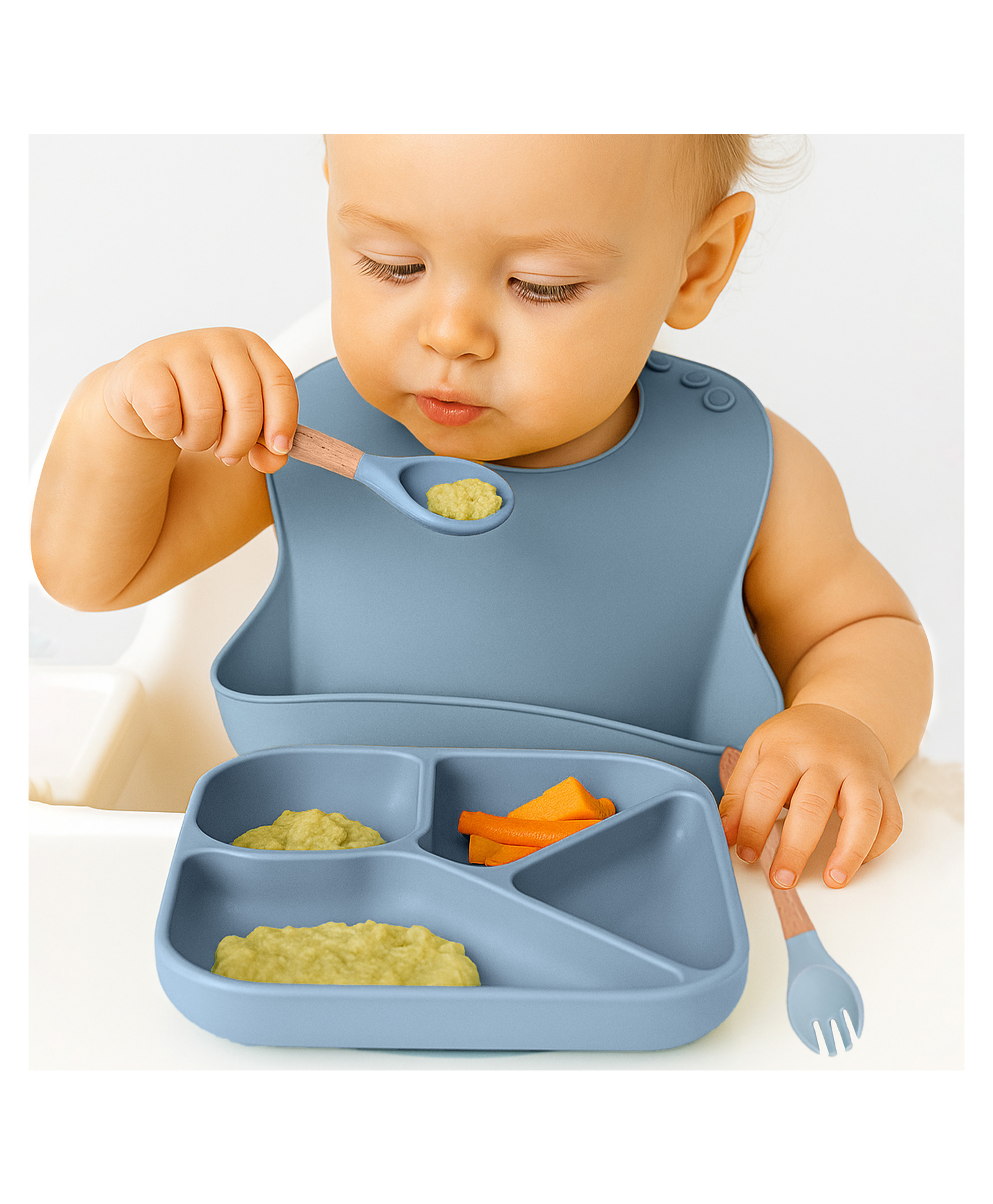 Bembika Baby Feeding Essential Baby Dinner Set Silicone Tableware Set for Baby Pack Of 4 - Blue-image-12