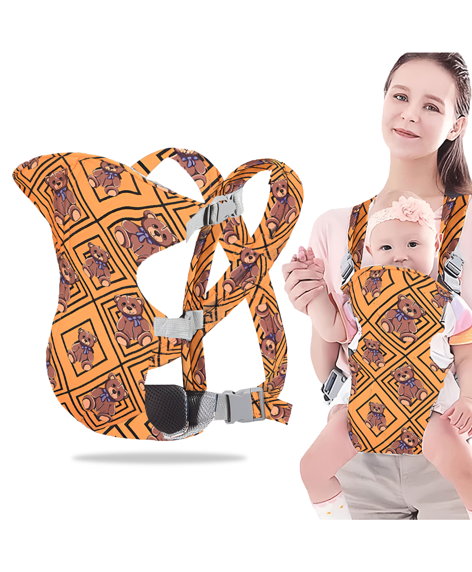 Bembika Baby Carrier Newborn to Toddler with Hip Seat Checkered Bear Pattern - Yellow-picture-28