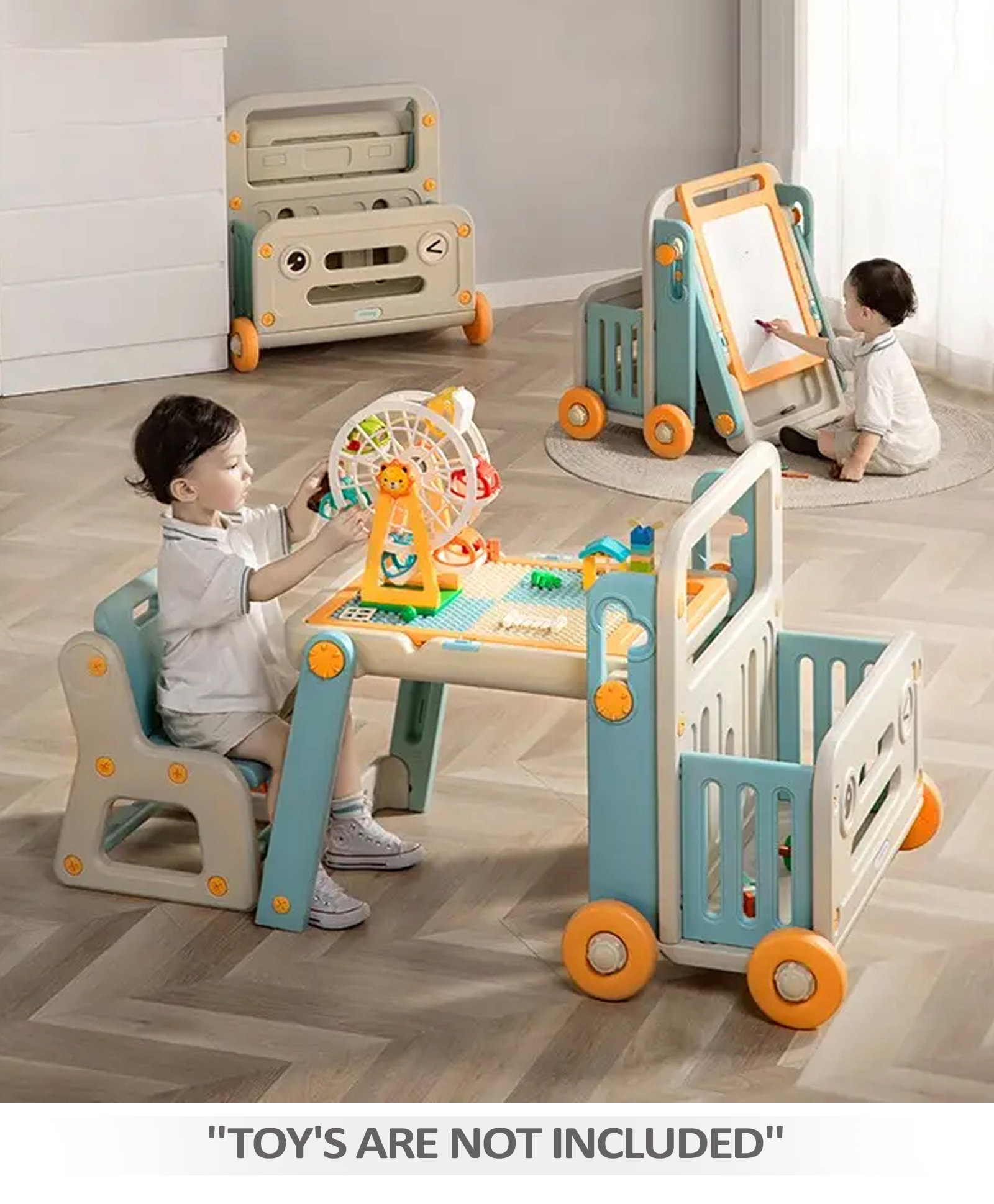 7 in 1 Multifunctional Nursery Table & Chair with Building Block Table and Storage - Blue & Grey