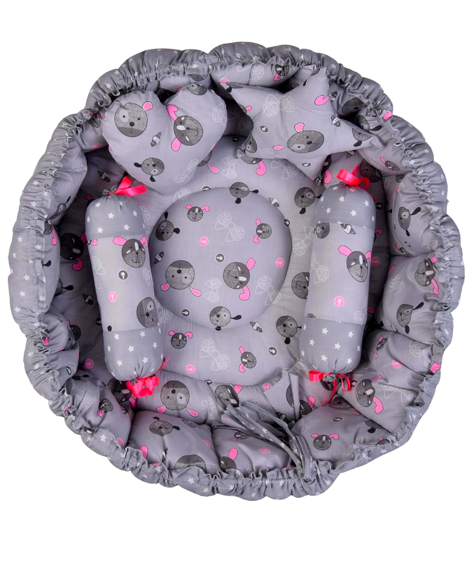Babytoons Baby Reversible Round Cotton Bedding Set Mattress with 4 Multi Shape Pillows for Baby Boys and Baby Girls (0-12 Month) Grey-picture-34