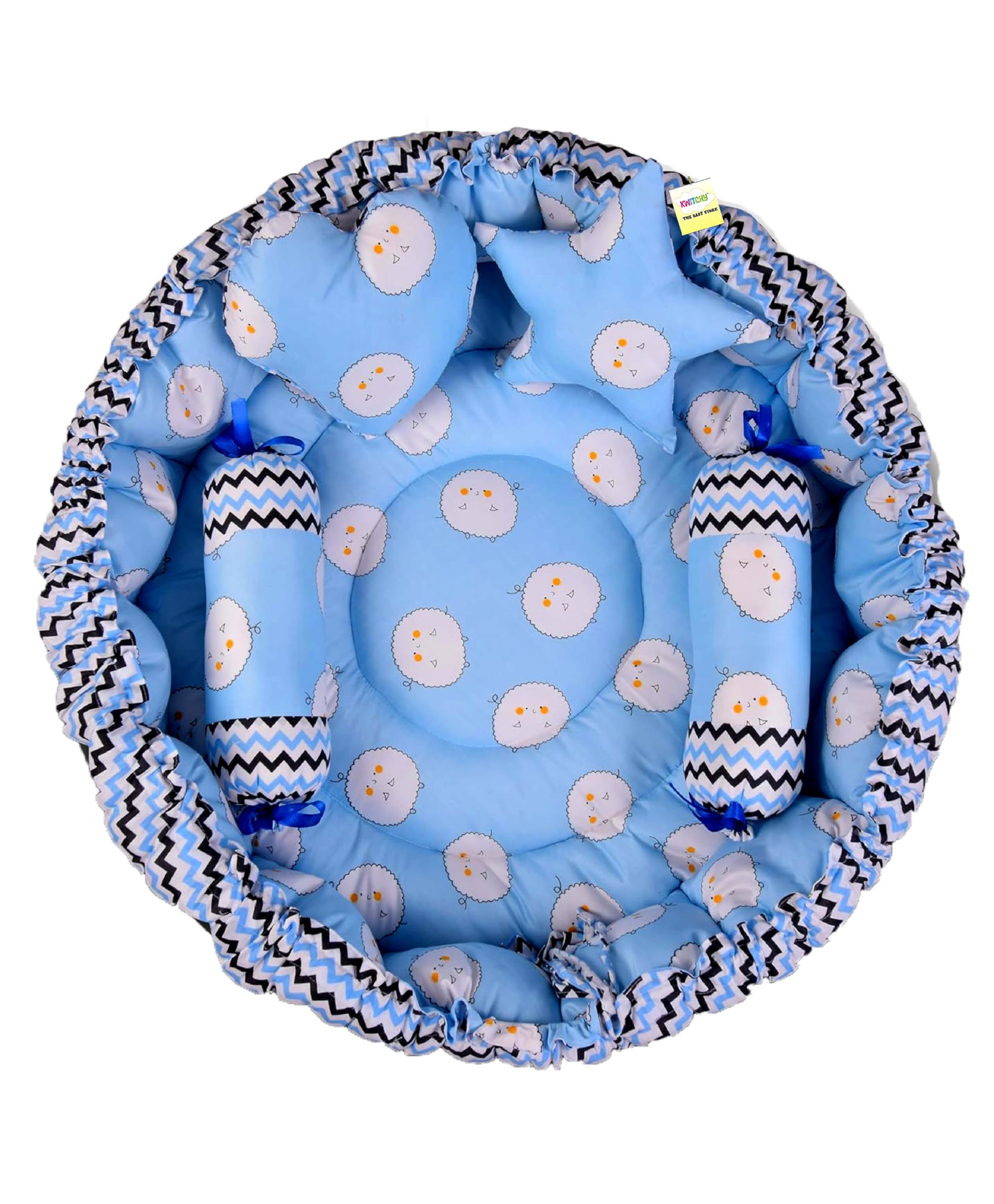 Babytoons New Born Baby Luxury Nest Bed Cotton Reversible Round Bedding Set Premium Sleeping Mattress with Pillows (0-12 Months)  Blue-image-48