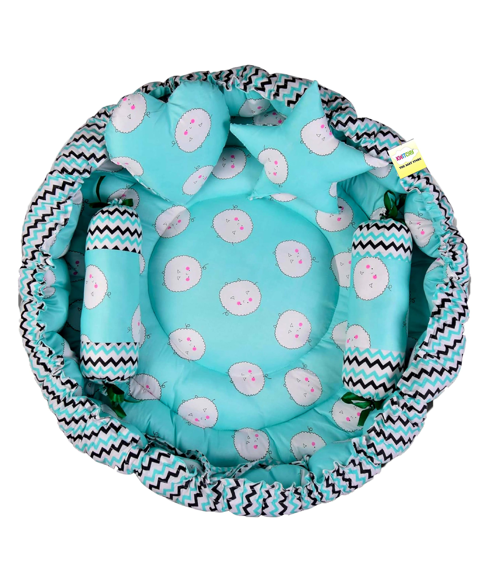 Babytoons New Born Baby Luxury Nest Bed Cotton Reversible Round Bedding Set Premium Sleeping Mattress with Pillows (0-12 Months)  Green-picture-24
