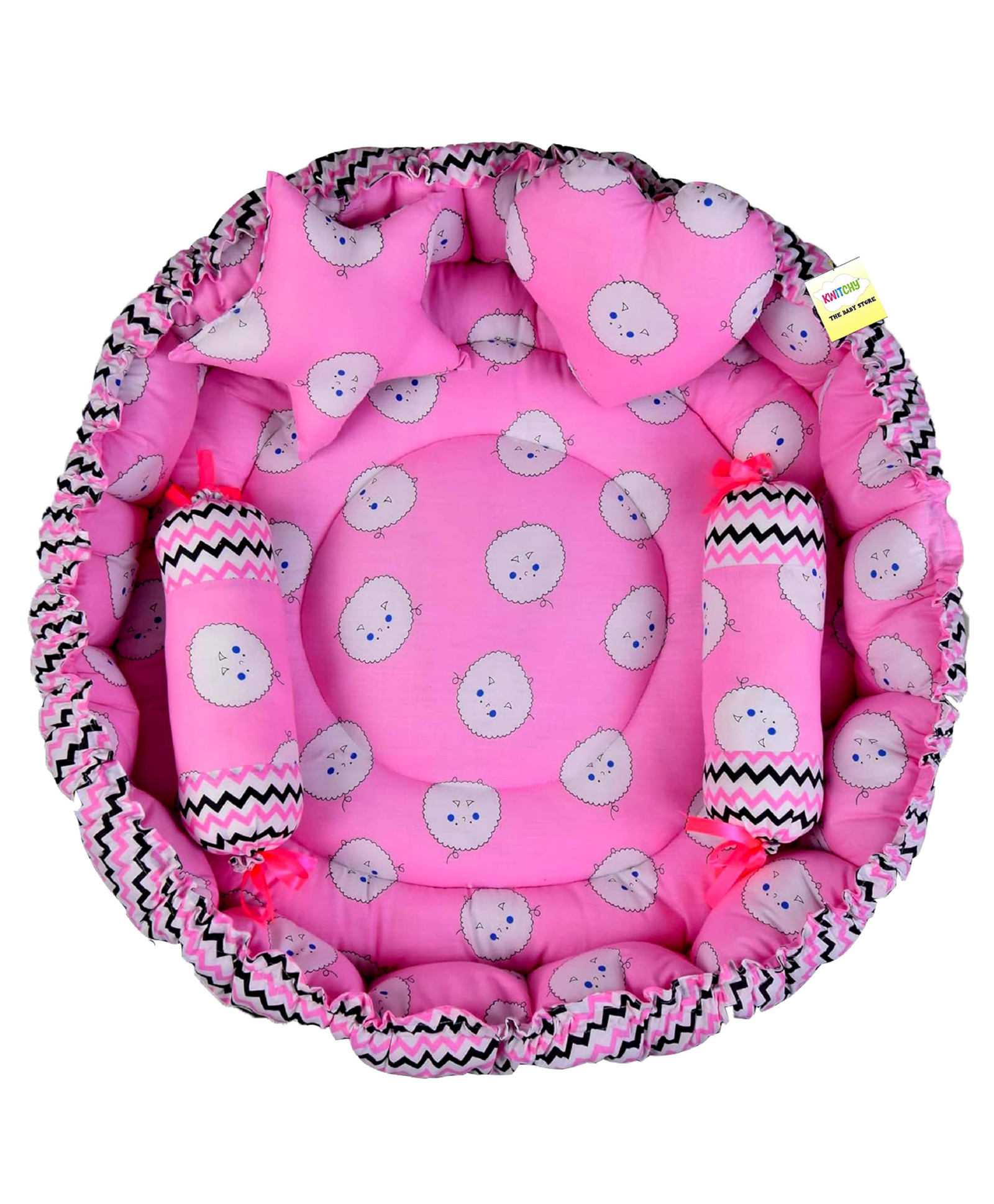Babytoons New Born Baby Luxury Nest Bed Cotton Reversible Round Bedding Set Premium Sleeping Mattress with Pillows (0-12 Months) Pink-picture-14