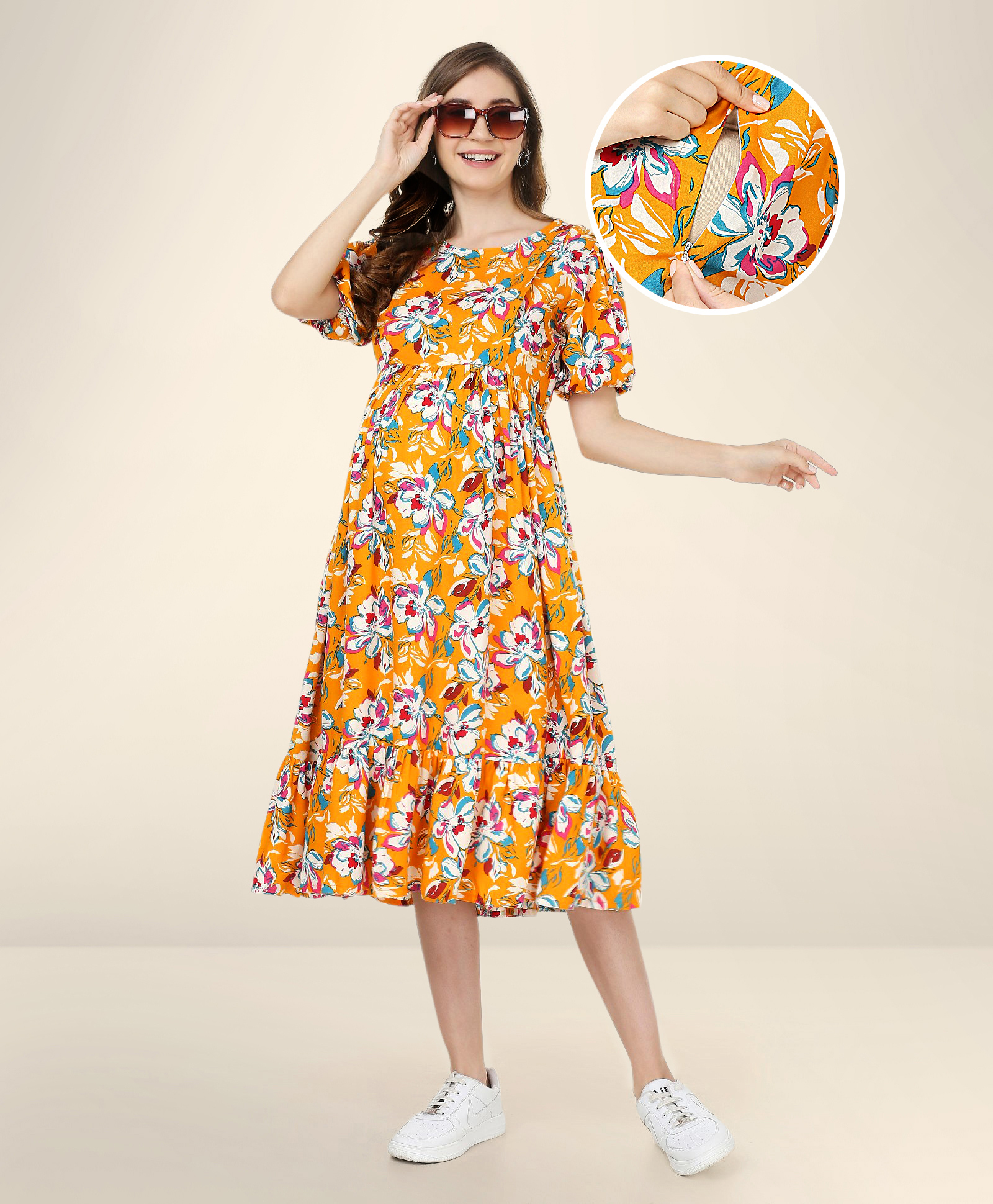 Bella Mama  Woven Ballon Sleeves Maternity Dress With Pocket Floral Print - Yellow