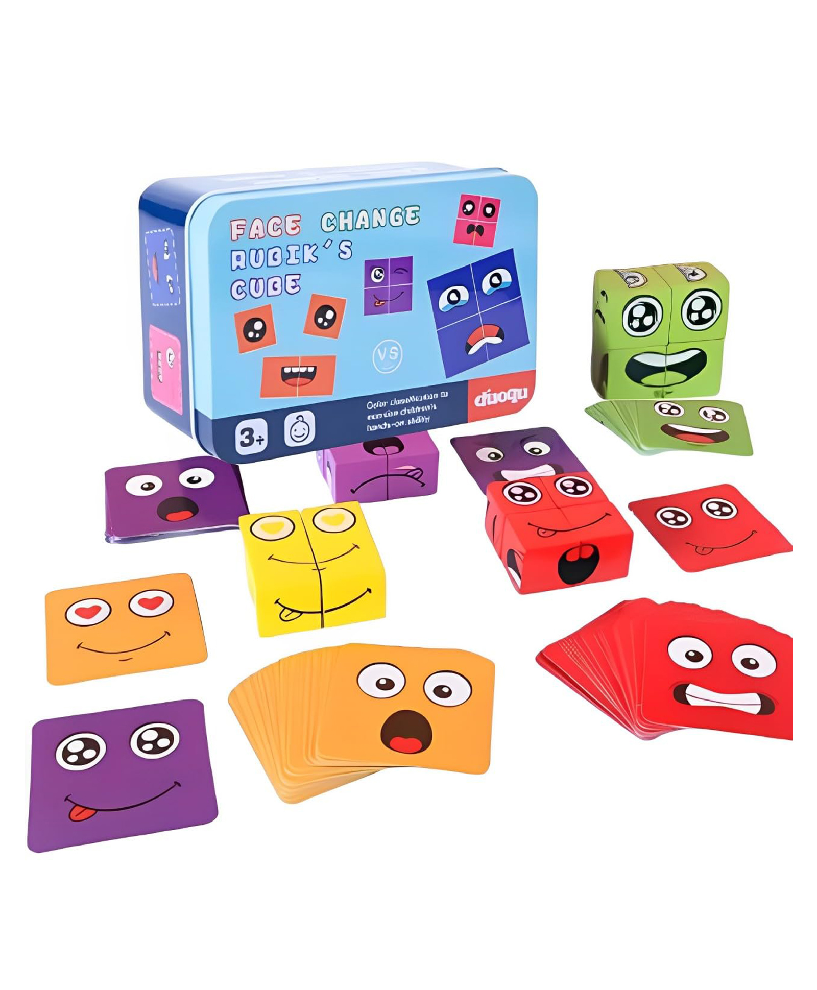 Happy Hues Wooden Cube Emoji Puzzle-Expression Cube Toy- 16 Cubes & Challenge Cards- Family Fun Games for Kids - Travel Board Games for Kids-image-15