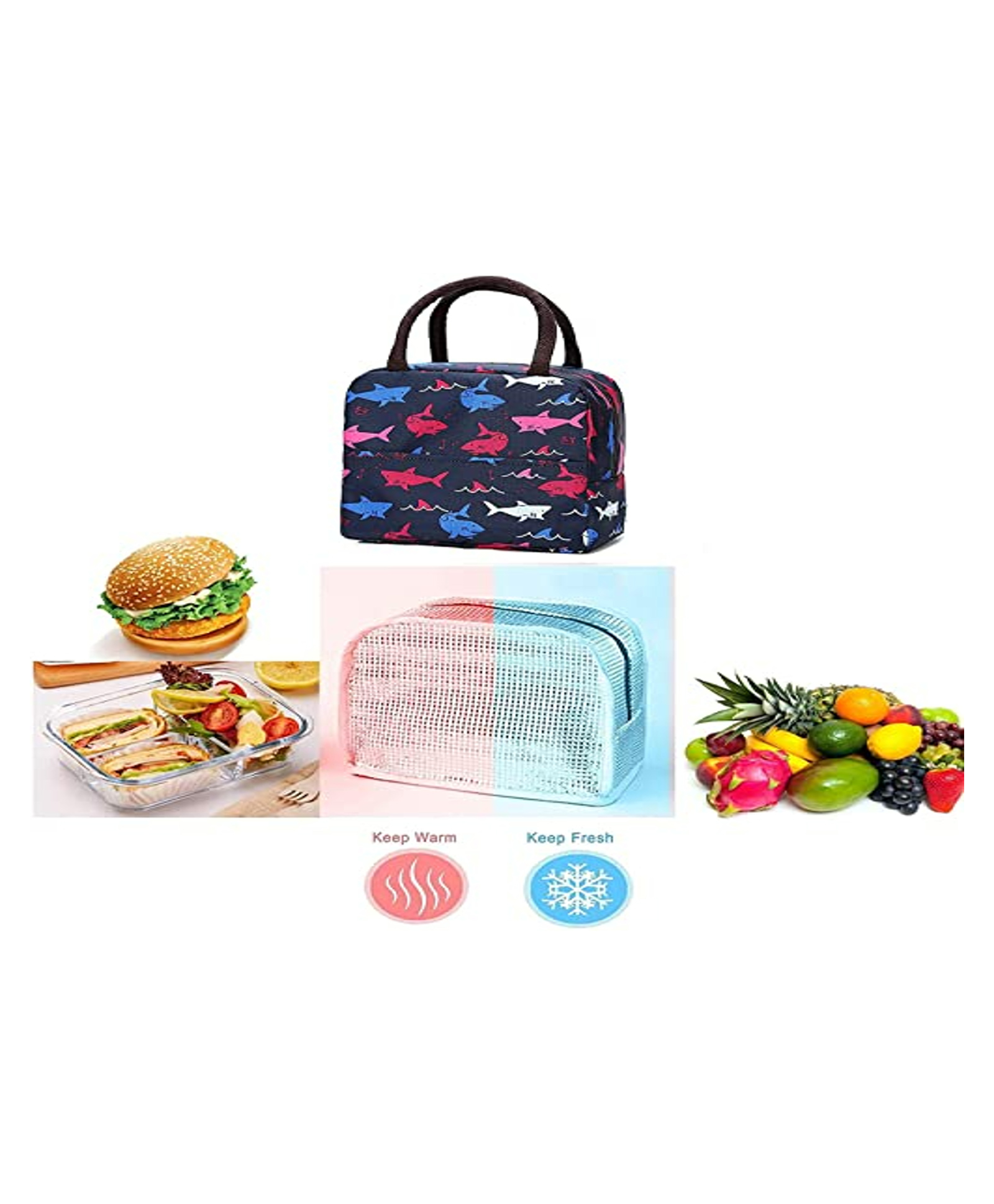 House of Quirk Insulated Lunch Bags Small for Women Work Student Kids to School Organizer Storage Lunch Box - Blue Shark-picture-20