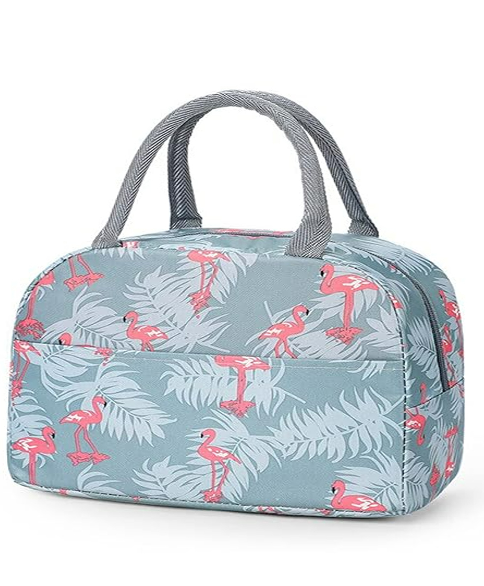 House of Quirk Insulated Nylon Lunch Bags Small for Women Work  Student Kids to School Organizer  Storage Lunch Box - Grey Flamingo-picture-12
