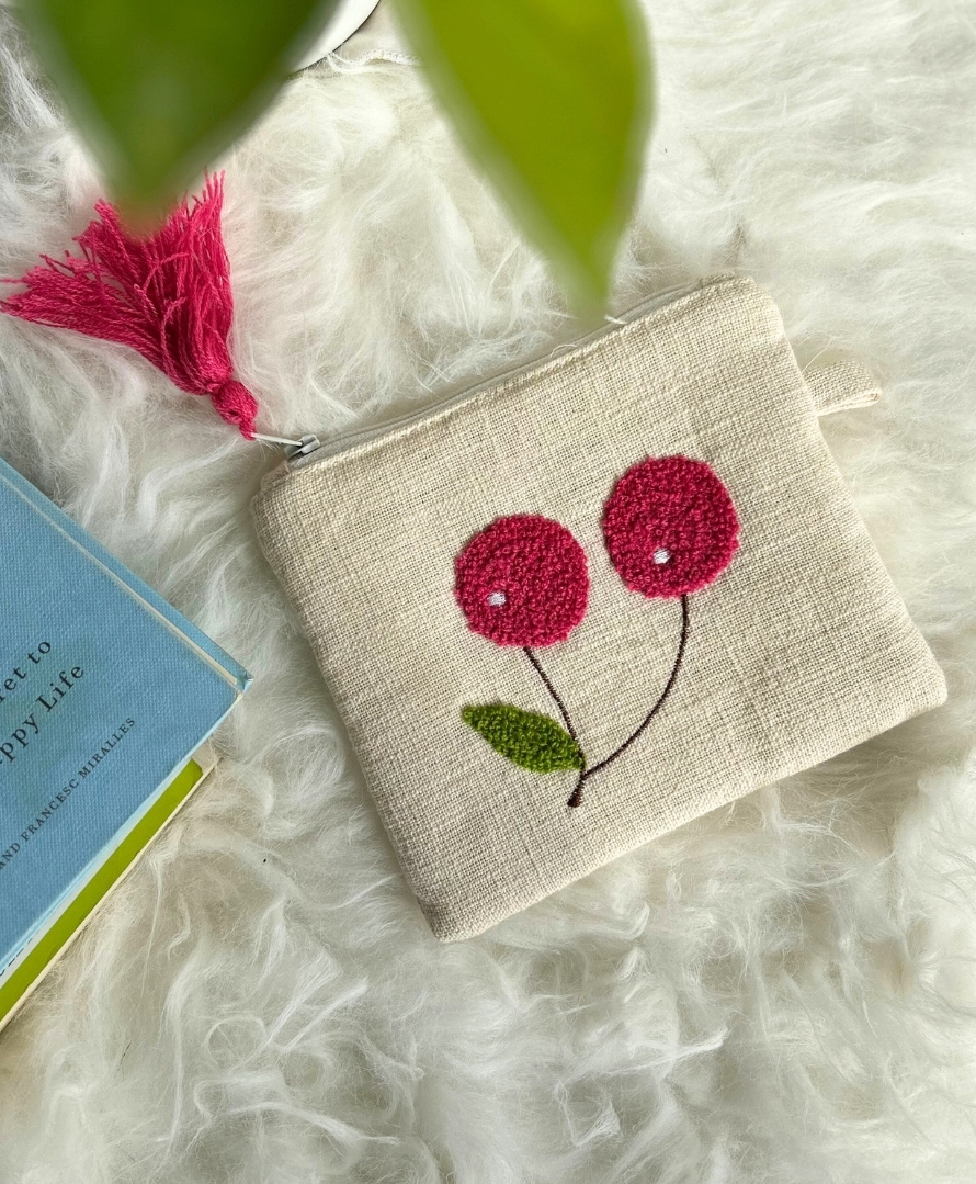 Jasmey Homes Oh Cherry! Hand Pouch with Zipper for Unique Gifting, Storing Stationery, Make up, Medicine and Toiletry Items (White)-picture-9
