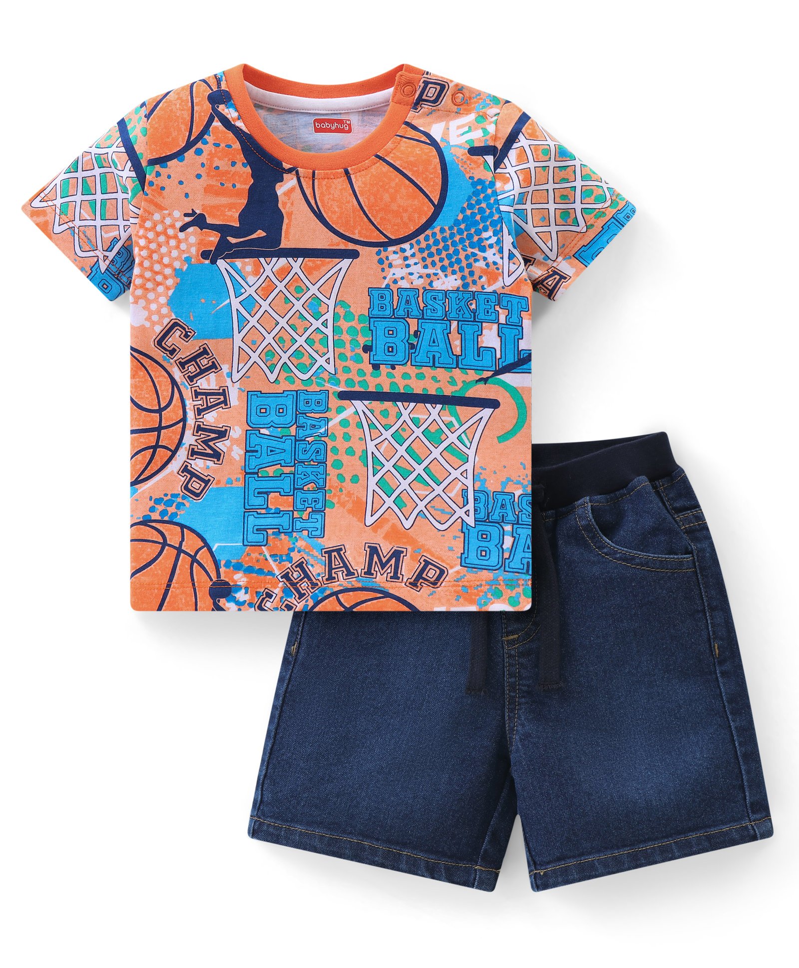 Babyhug Single Jersey Knit Half Sleeves T-Shirt & Shorts Set with Basketball Theme  Print - Multicolour-picture-27