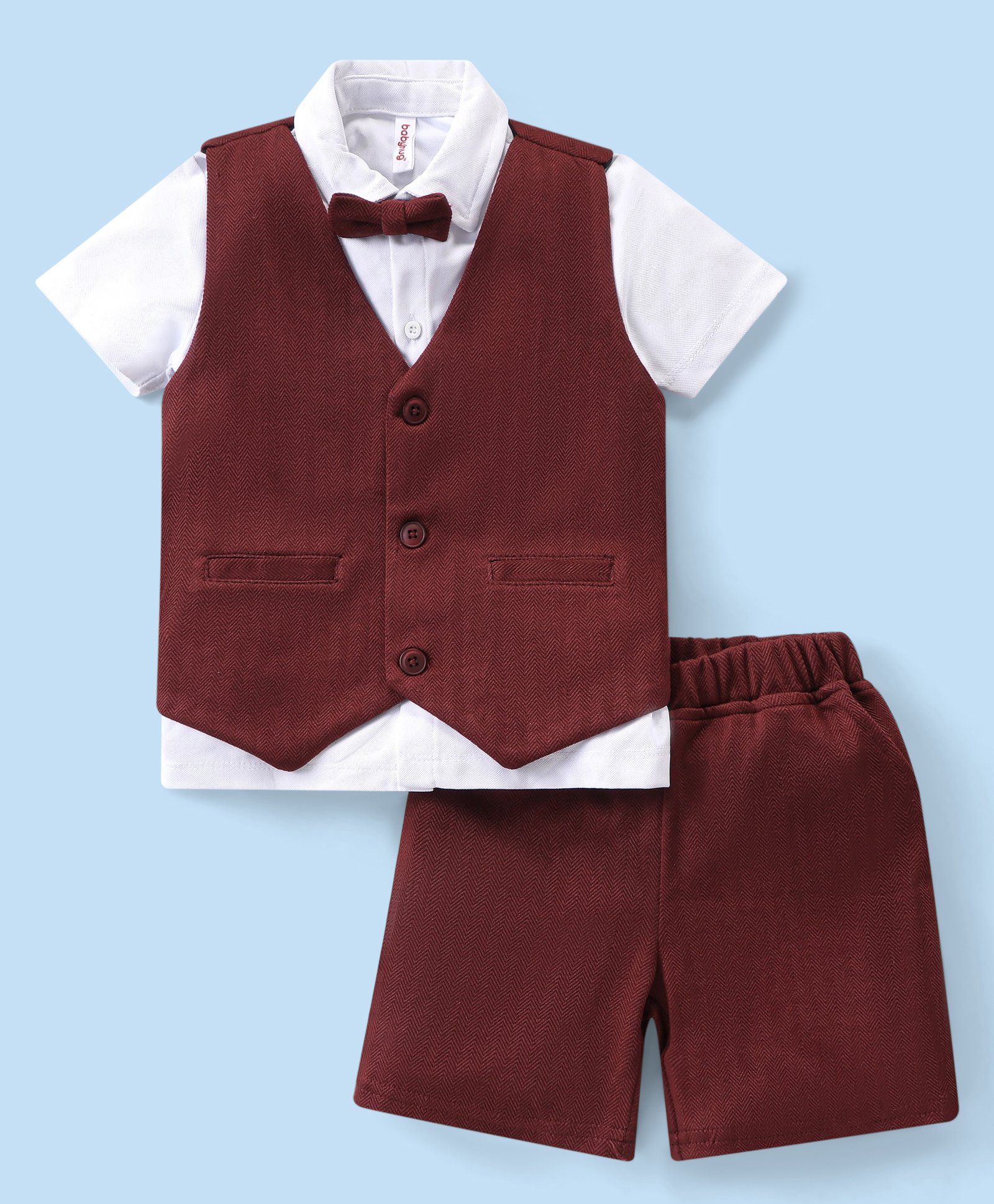 Babyhug Half Sleeves Party Suit with Bow - Maroon-image-42