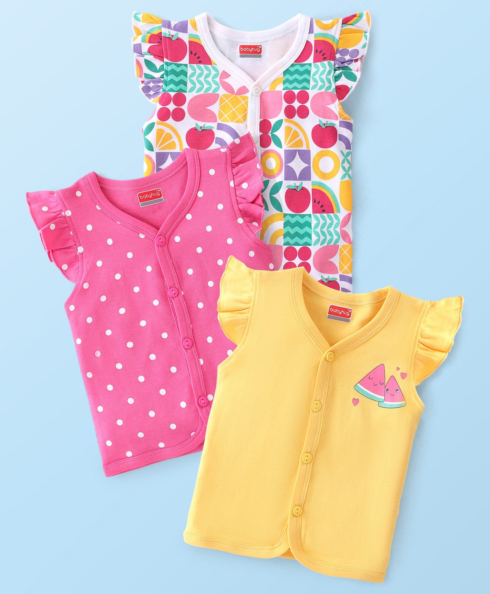 Babyhug 100% Cotton Kint Sleeveless Front Open Vests Polka Dot Print Pack of 3 - Multicolor-image-32
