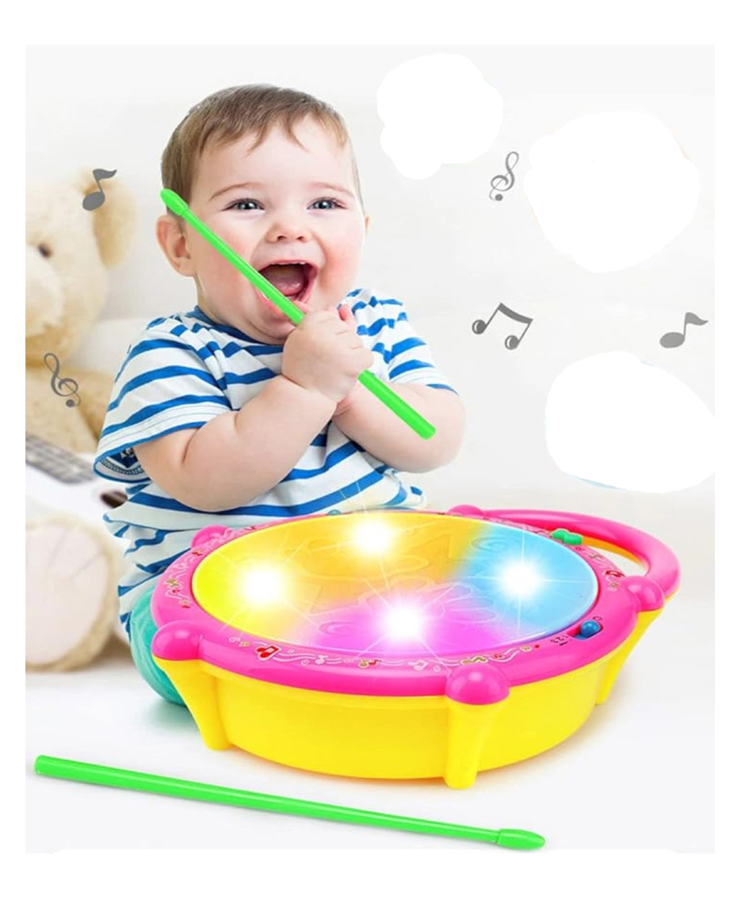 VGRASSP Battery operated Flash Drum with Multi color 3D Lights, Music Baby Toy for 2 3 4 Year Kid Boy Girl - Color As Per Stock-image-33