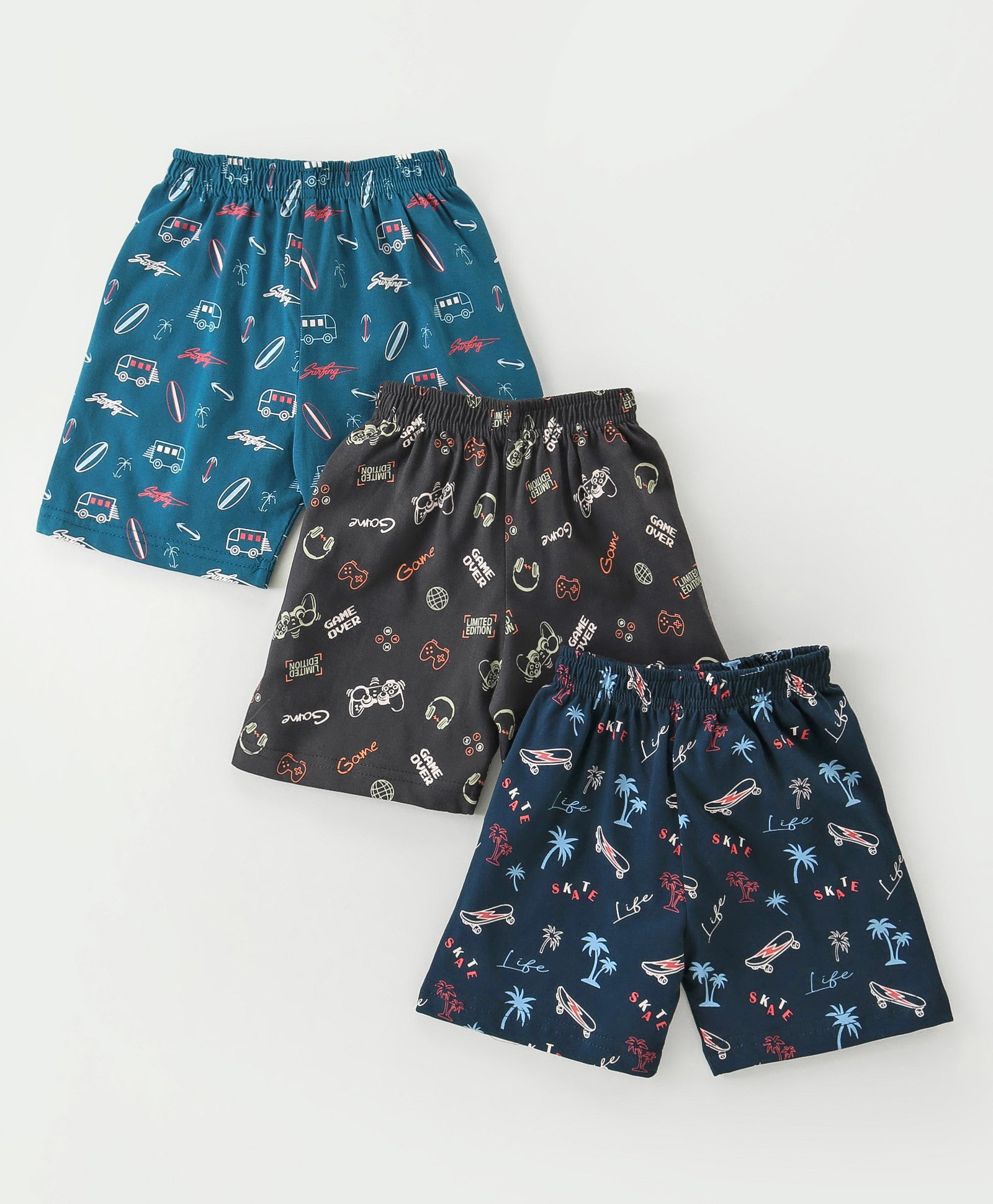 CUCUMBER  Sinker Knit Shorts with Surf Board & Skateboard Print Pack of 3 - Multicolour-image-2