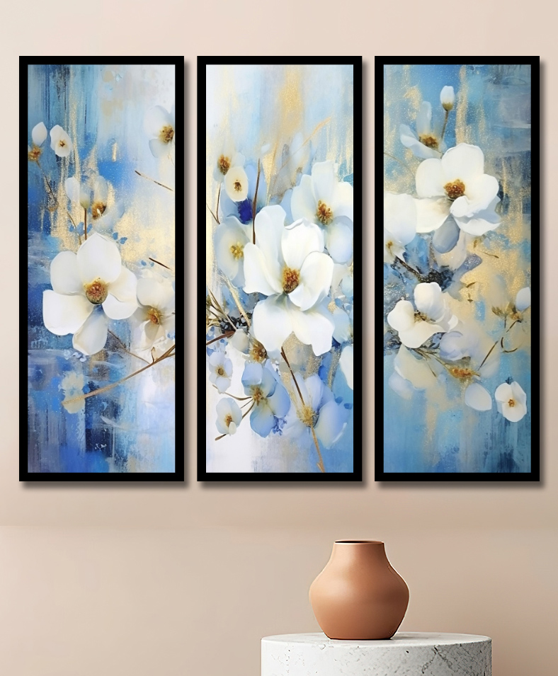WENS Set Of 3 White and Blue Theme Framed Paintings  Black-image-23