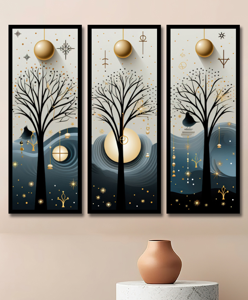 WENS Set Of 3 Multicolor Majestic Tree Theme Framed Paintings Black-image-19