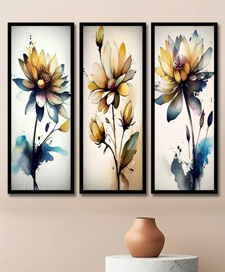 WENS Set Of 3 Multicolor Triptych Flowers Framed Paintings Black-image-21