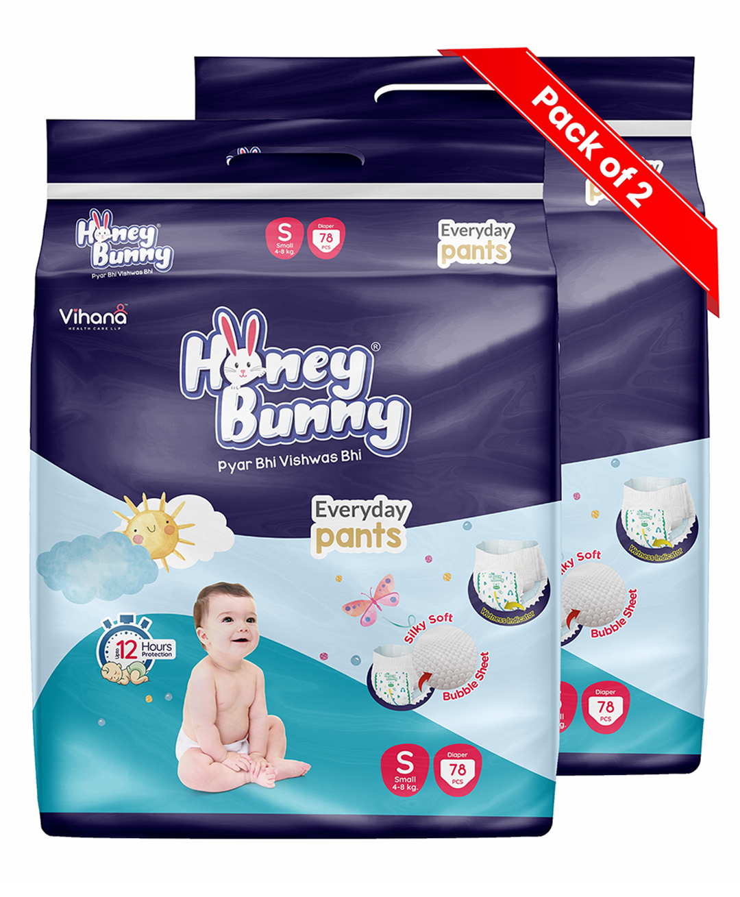 Honey Bunny Everyday Baby Pants Diapers with Wetness Indicator, Silky Soft - Bubble sheet, Small - 78(4-8 kgs) (Pack of 2) 156pcs-image-42