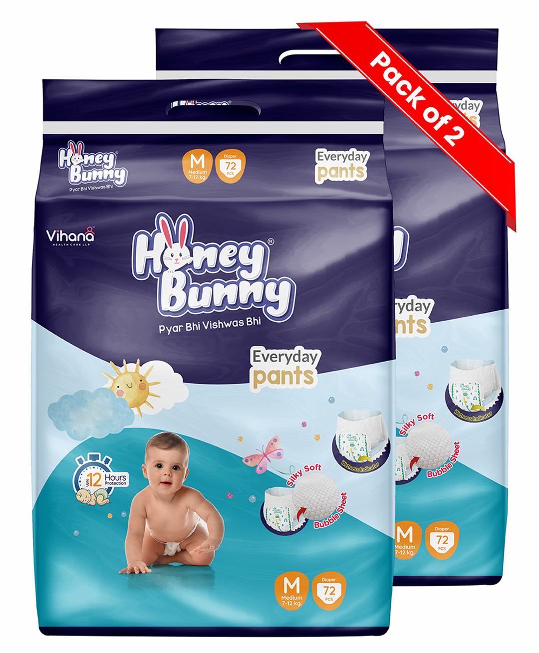 Honey Bunny Everyday Baby Pants Diapers with Wetness Indicator, Silky Soft - Bubble sheet, Medium -72 (7-12 kgs) (Pack of 2)  144pcs-image-47
