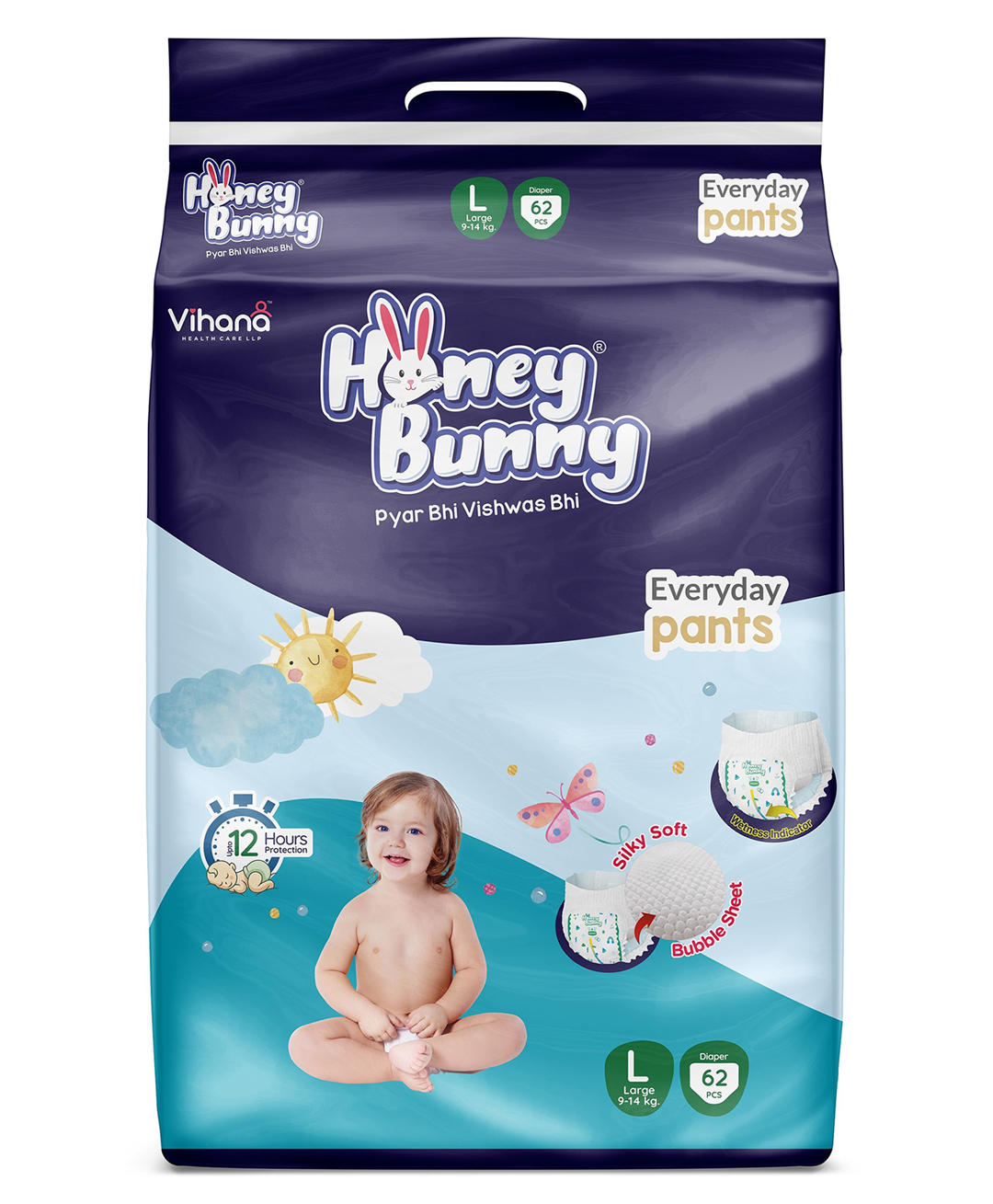 Honey Bunny Everyday Baby Pants Diapers with Silky Soft - Bubble sheet,Wetness Indicator Large-62 (L, 62)-image-48