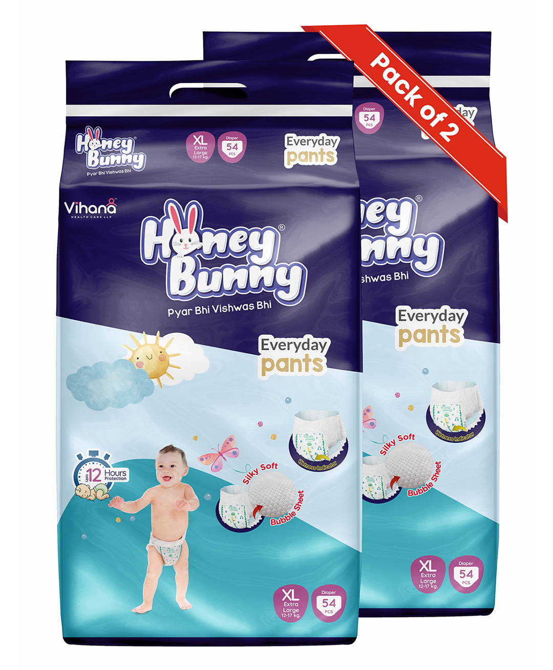 Honey Bunny Everyday Baby Pants Diapers with Silky Soft - Bubble sheet,Wetness Indicator, Extra Large -(54 pcs) (Pack of 2) - XL (108 pcs) (XL, 108)-image-44