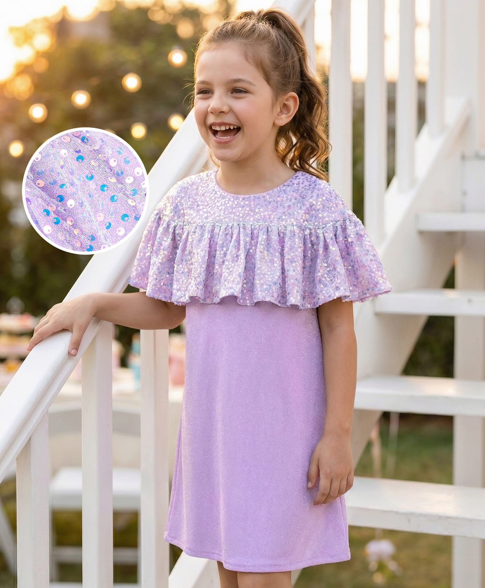 Hola Bonita Knit Half Sleeves Rainbow Sequinned Cape Style Party Dress - Lilac-image-19