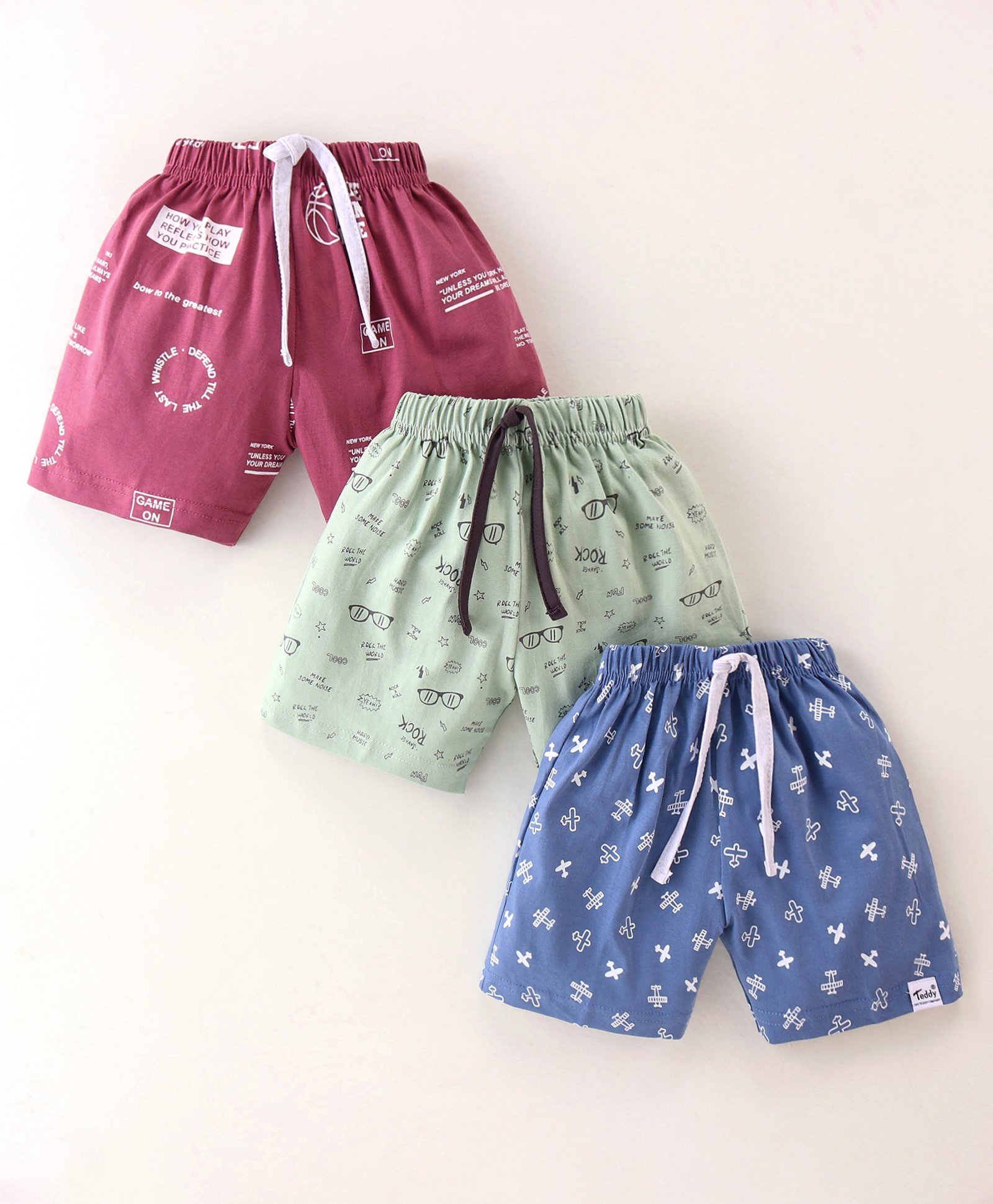 Teddy Sinker Knit Above Knee Length  Shorts with Text & Aeroplane Print Pack of 3 - Multicolour-picture-13