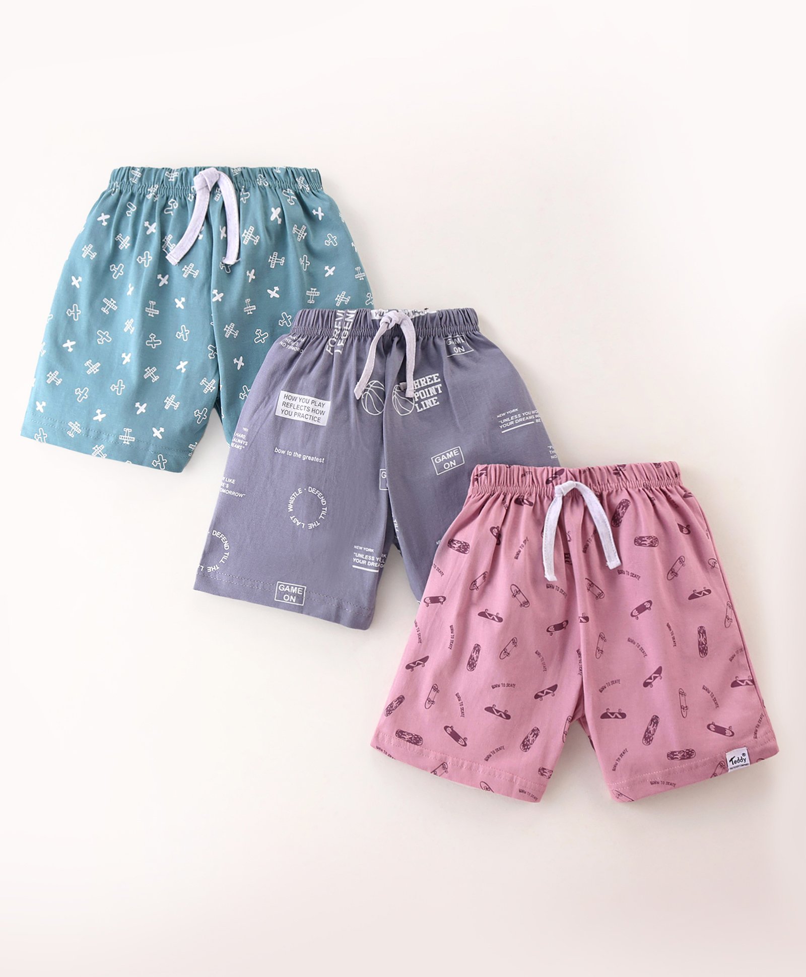 Teddy Sinker Knit Above Knee Length Shorts with Text  & Aeroplane Print Pack of 3 - Multicolour-picture-13