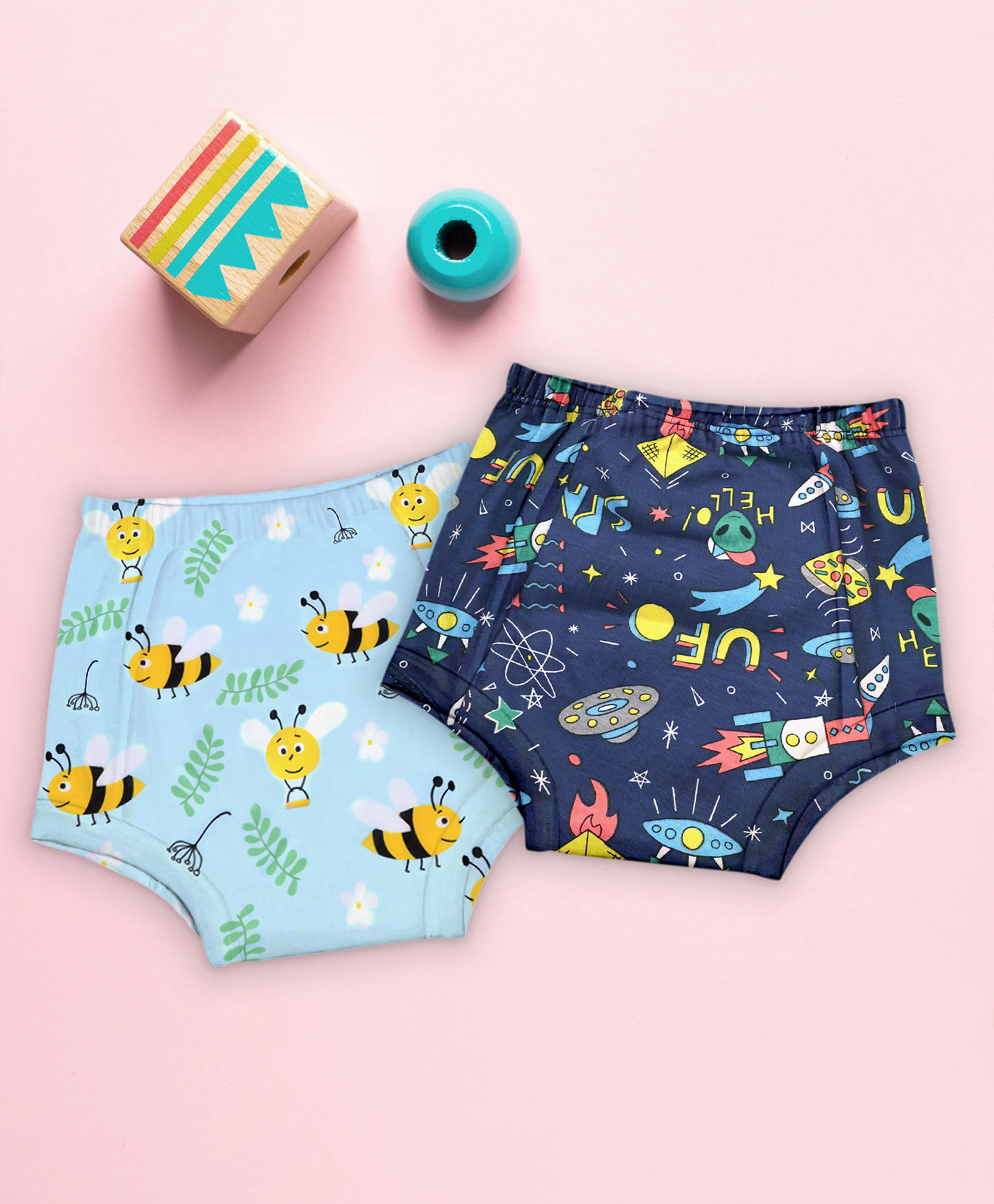 mom's home Moms Home 100% Cotton Unisex Baby Padded Underwear -Bee & Rocket -Size 1 (1-2Y) - Pack of 2-picture-43