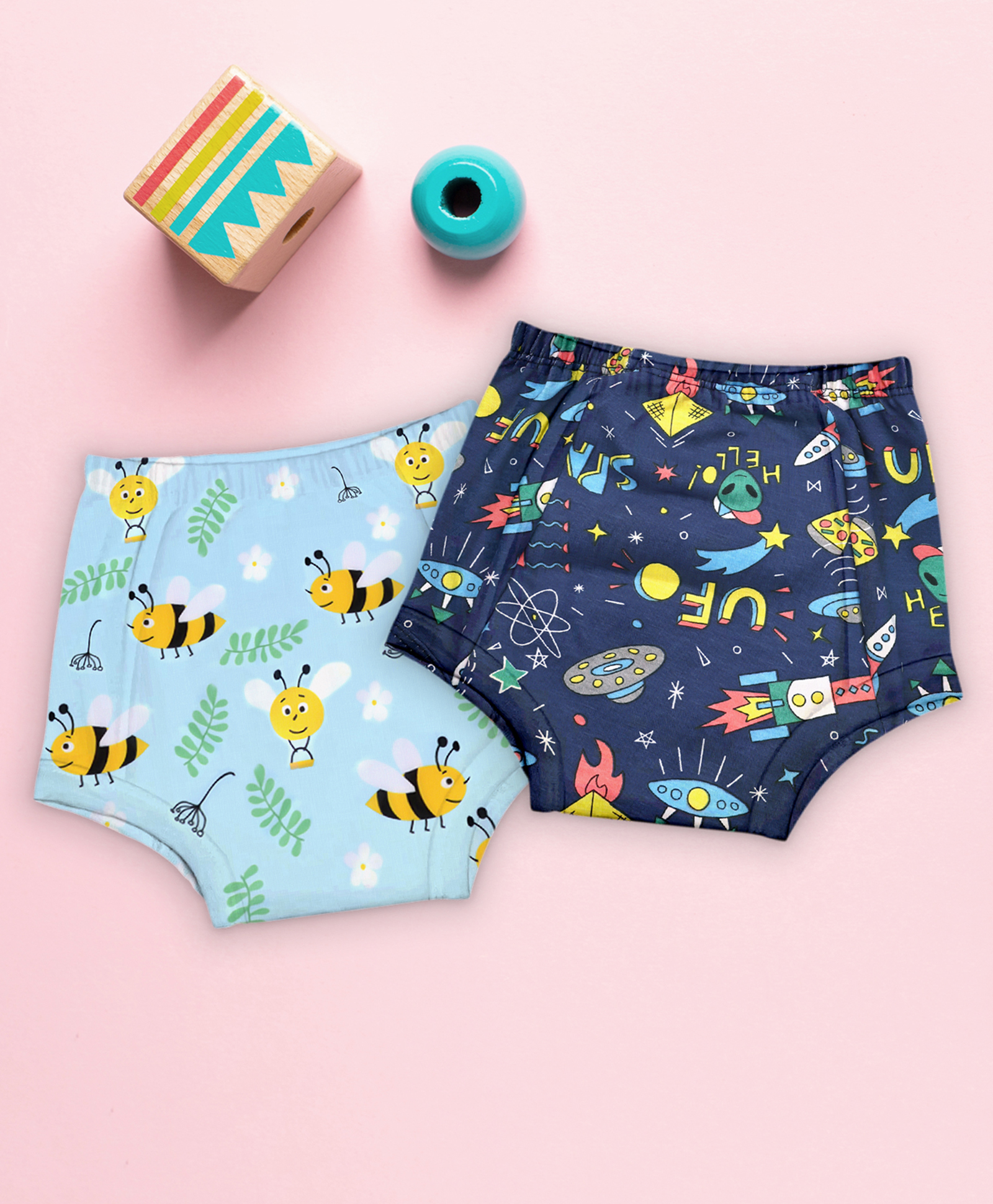 mom's home Moms Home 100% Cotton Unisex Baby Padded Underwear -Bee & Rocket -Size 2 (2-3Y) - Pack of 2-picture-36