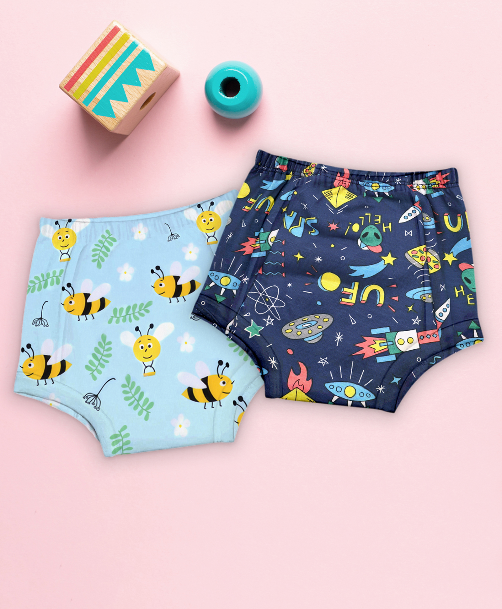 mom's home Moms Home 100% Cotton Unisex Baby Padded Underwear -Bee & Rocket -Size 3 (3-4Y) - Pack of 2-picture-42