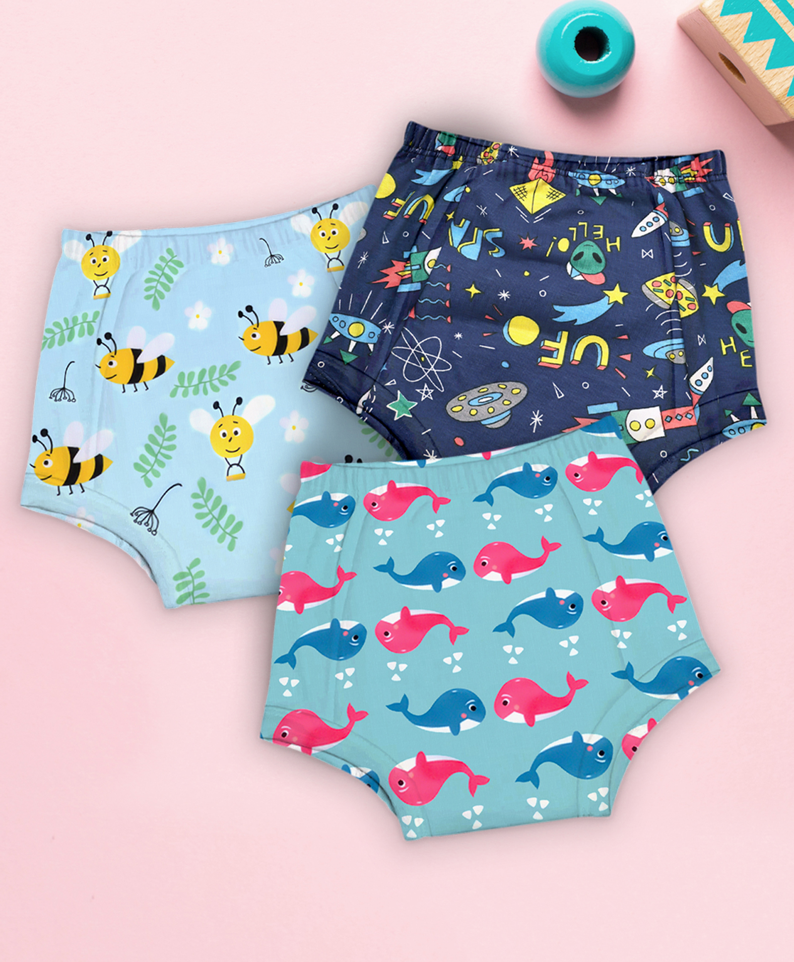 Moms Home 100% Cotton Unisex Baby Padded Underwear -Bee,Fish & Rocket -Size 1 (1-2Y) - Pack of 3-image-46