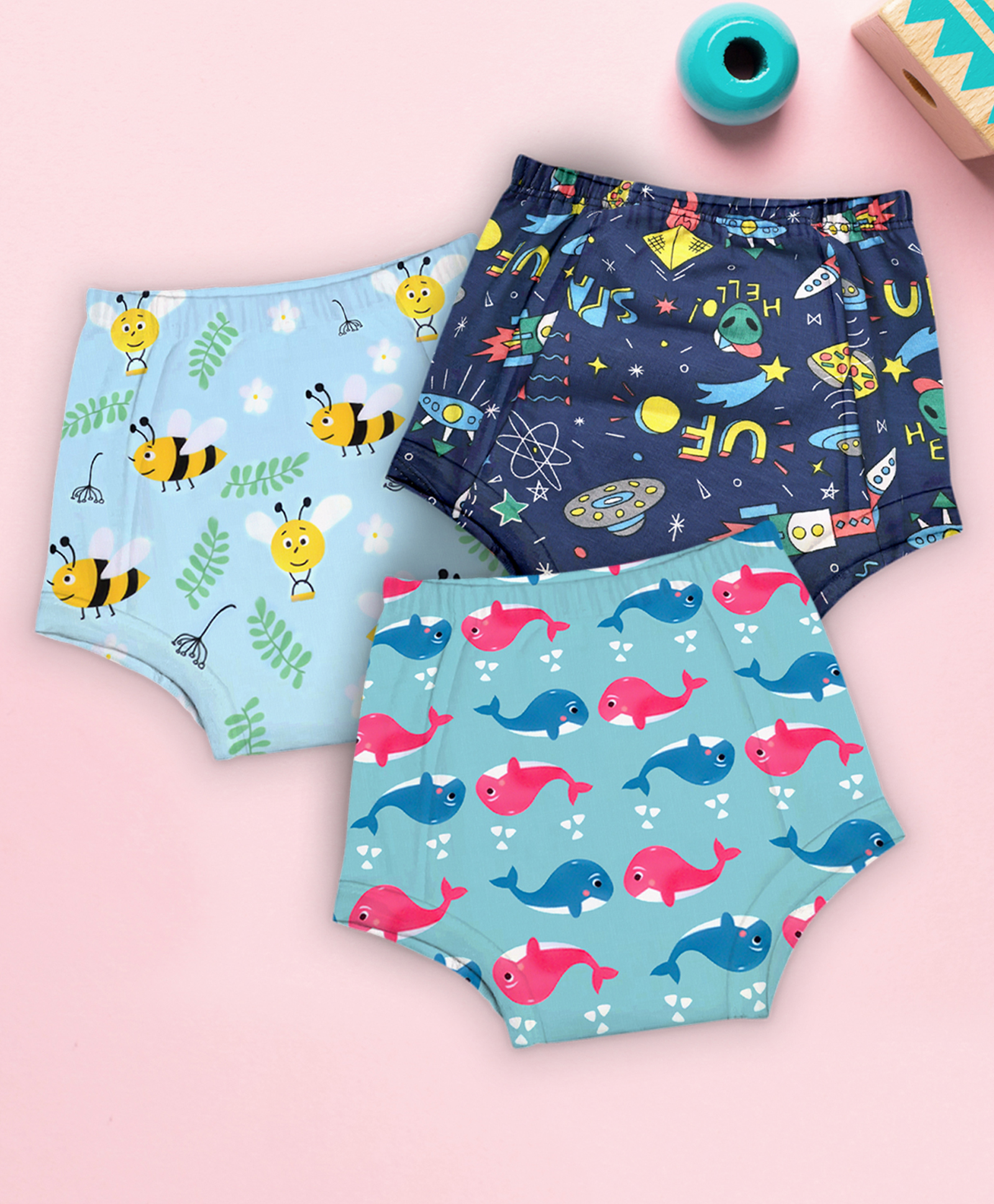 mom's home Moms Home 100% Cotton Unisex Baby Padded Underwear -Bee,Fish & Rocket -Size 3 (3-4Y) - Pack of 3-picture-35