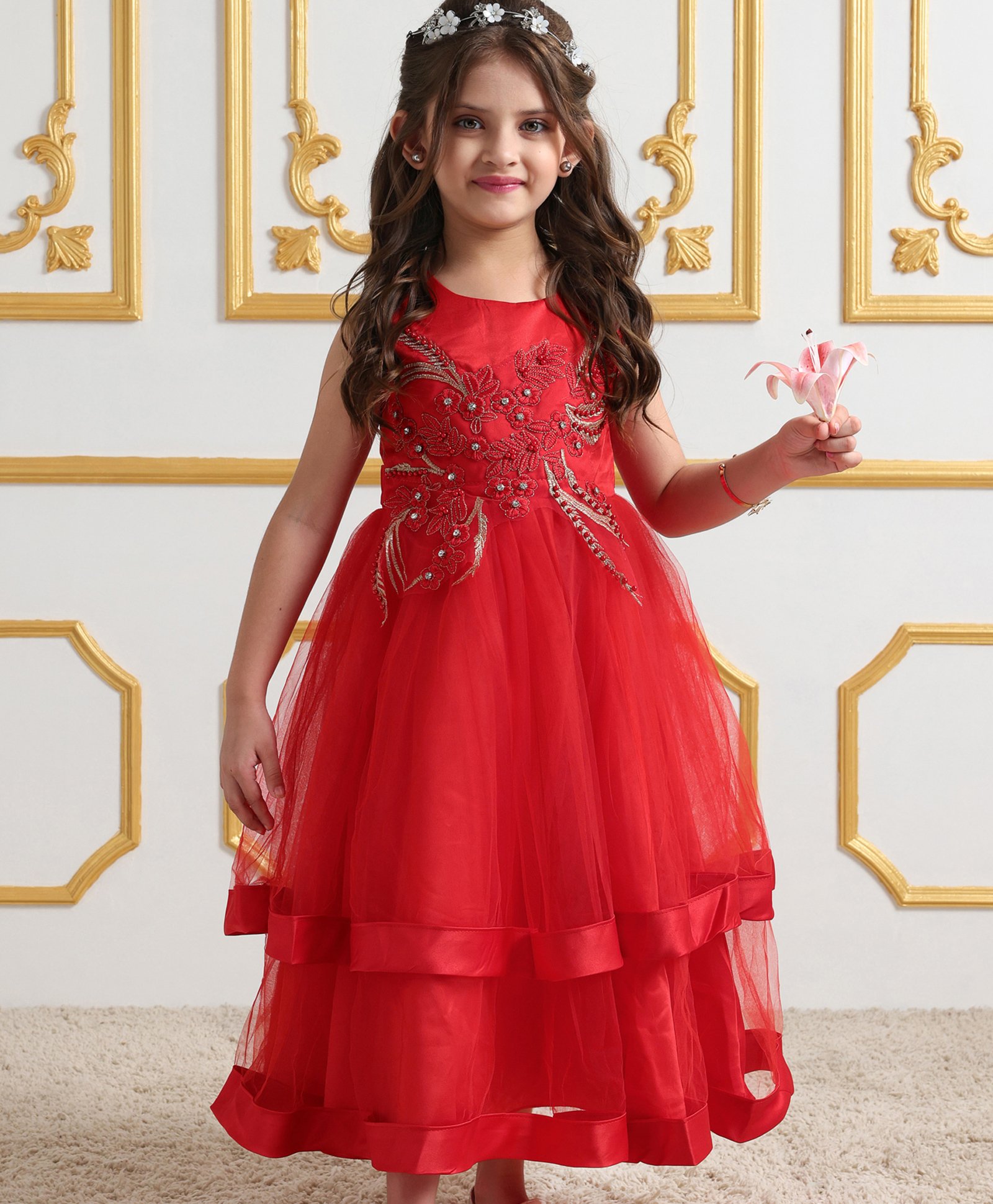 Mark & Mia  Sleeveless Calf Length Party Frock With Floral Embroidery & Pearl Detailing - Red-image-25
