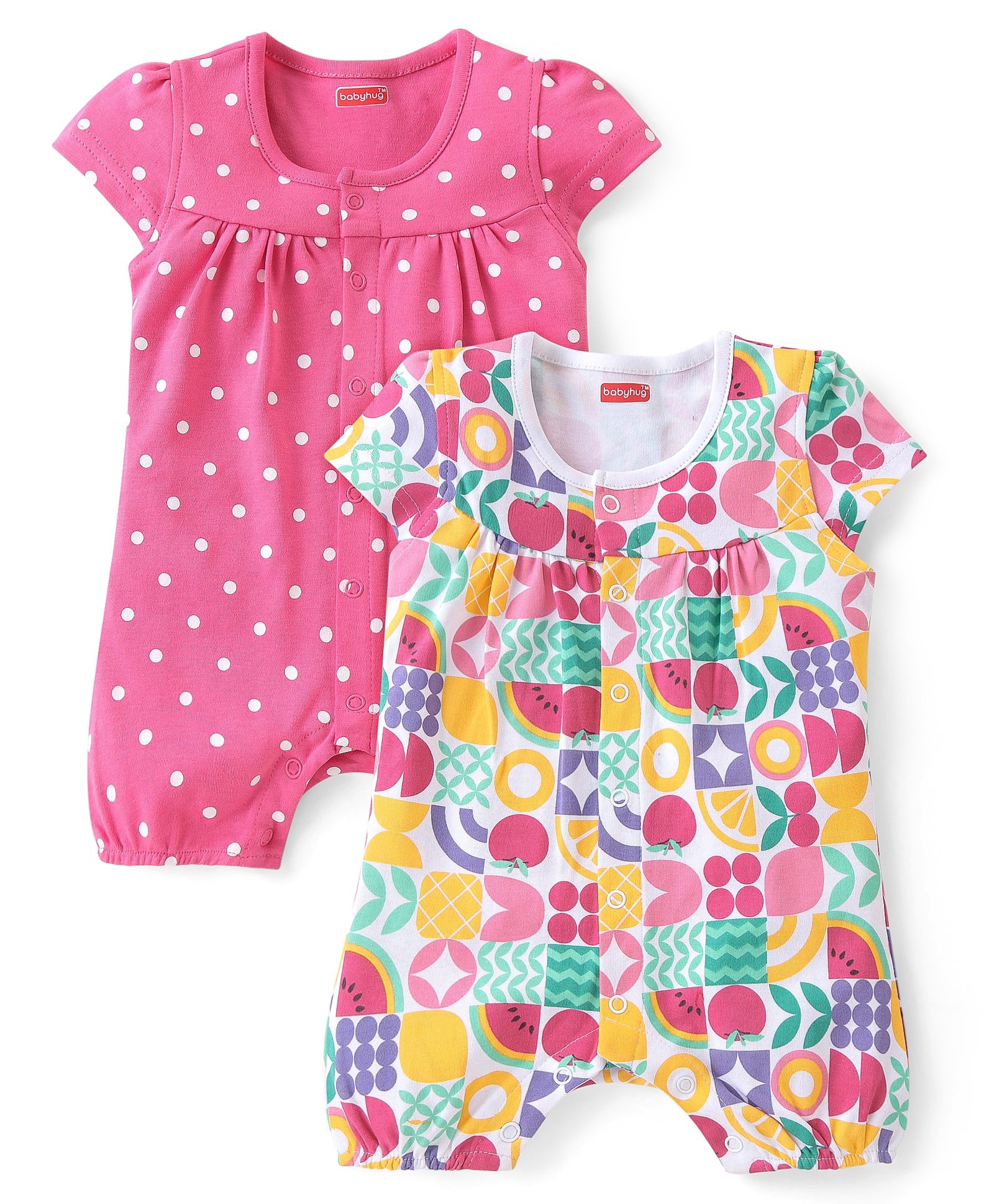 Babyhug 100% Cotton Knit Half Sleeves Romper Polka Dot Print Pack of 2 - Multicolor-image-37