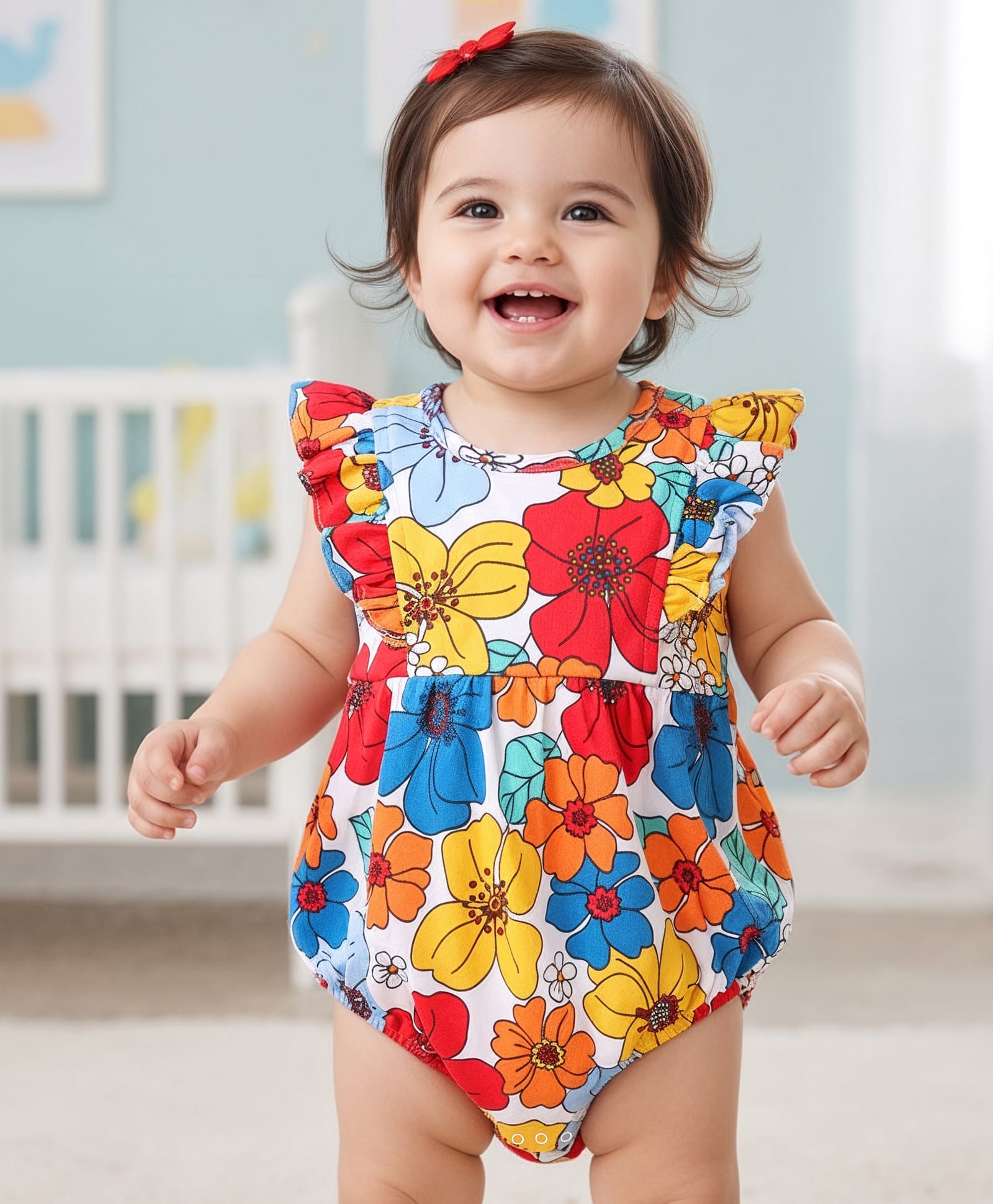 Babyhug 100% Cotton Knit Frill Sleeves Onesies Floral Print - Blue White & Red-image-38