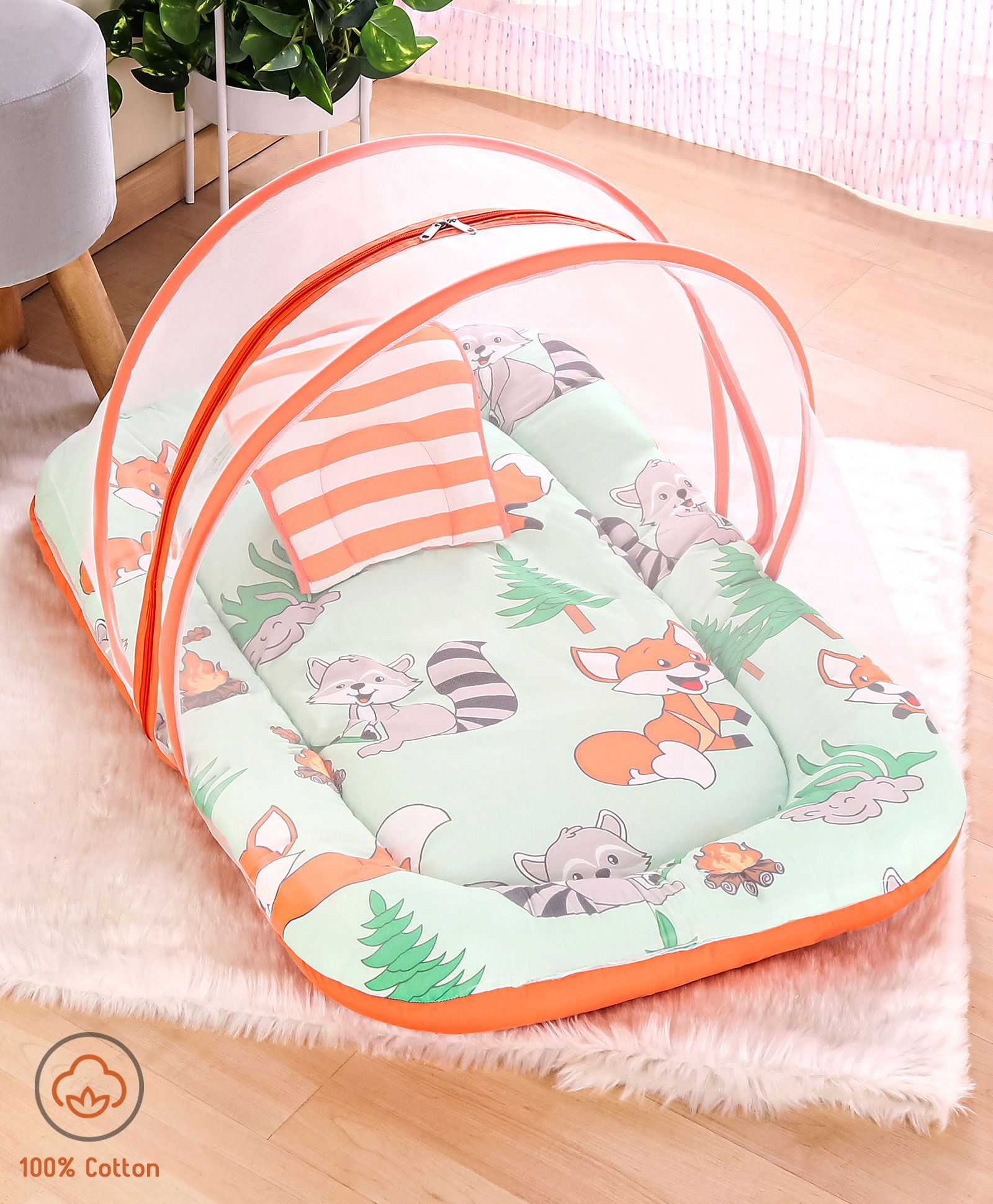 Babyhug Cotton Mattress Set with Mosquito Net Fox Print- Pista Green