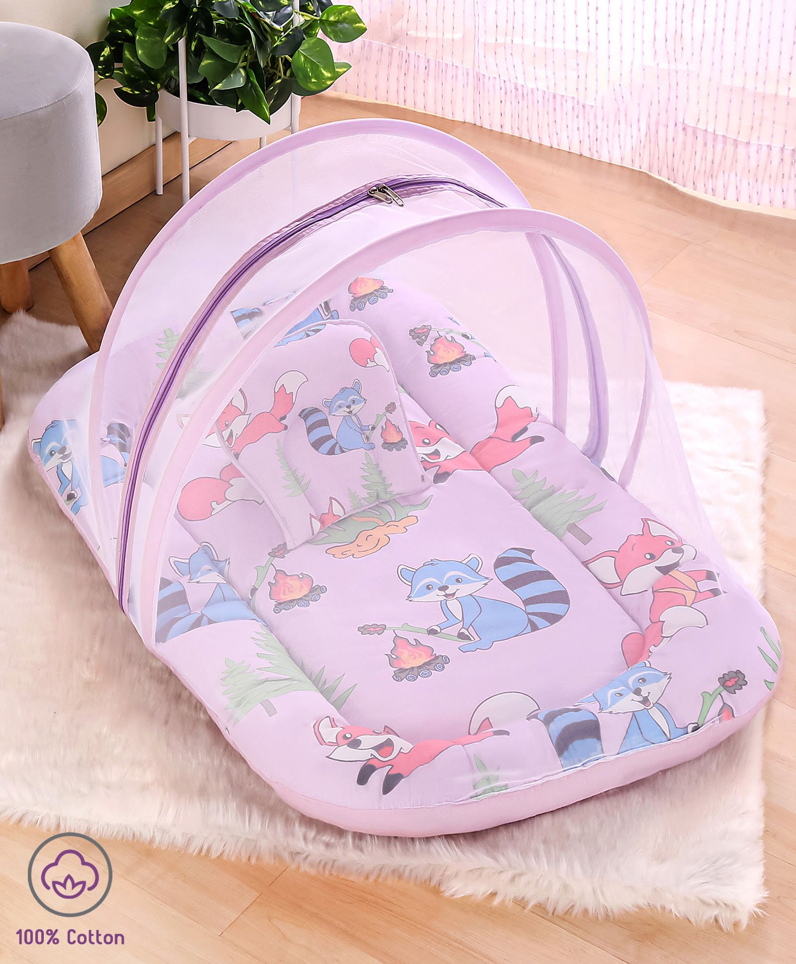 Babyhug Cotton Mattress Set with Mosquito Net Fox Print- Lilac
