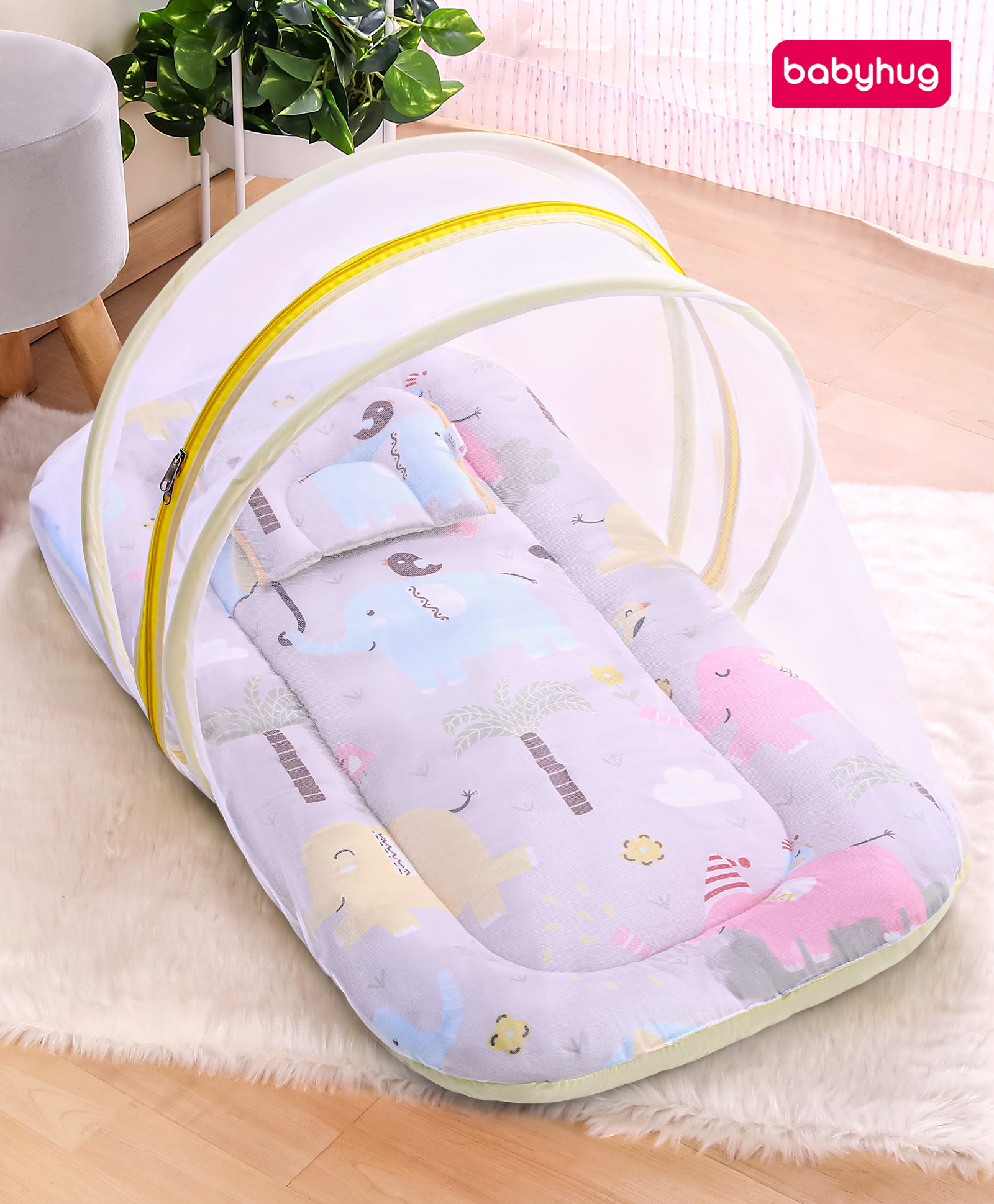 Babyhug Cotton Mattress Set with Mosquito Net Elephant Print - Beige